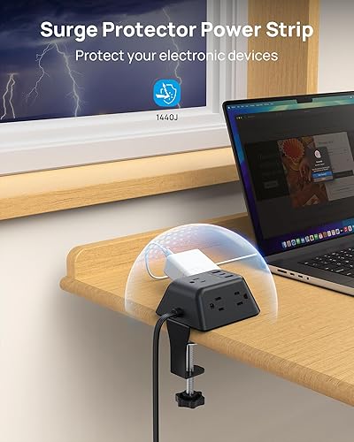 Miniatura 6 de Regleta de alimentación con abrazadera de escritorio, protector de sobretensiones con 5 salidas de CA y 3 puertos USB, estación de carga de montaje