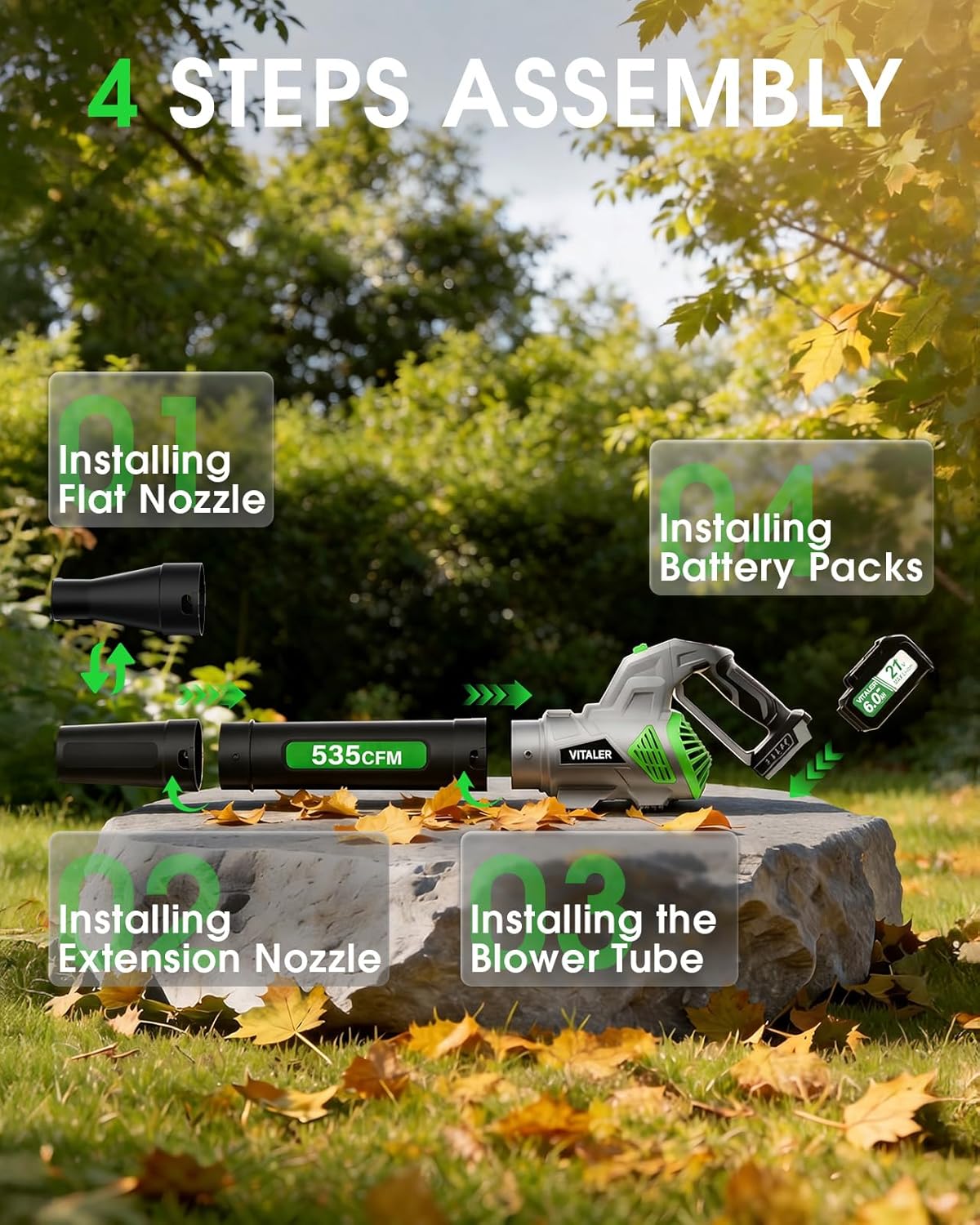 Brushless Leaf Blower Cordless, 535CFM Electric Leaf Blowers with 2 x 6.0Ah Batteries and Charger, 3 Speed Modes, Powerful Blowers for Lawn Care, Patio, Dust, Blowing Leaves