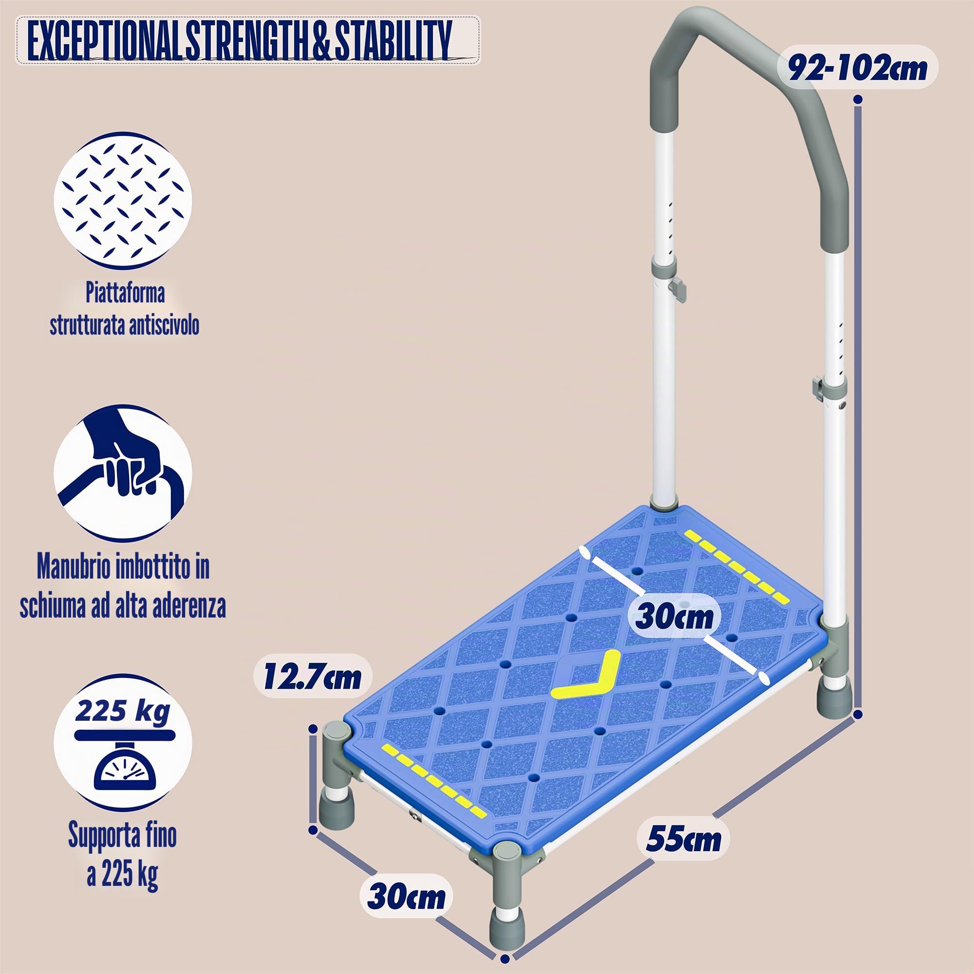 Sgabello Gradino con Pedata 55 cm – Braccioli regolabili in altezza,portata 225 kg,strisce luminescenti e antiscivolo –Ideale per letti alti,camper,cucina,bagno e anziani