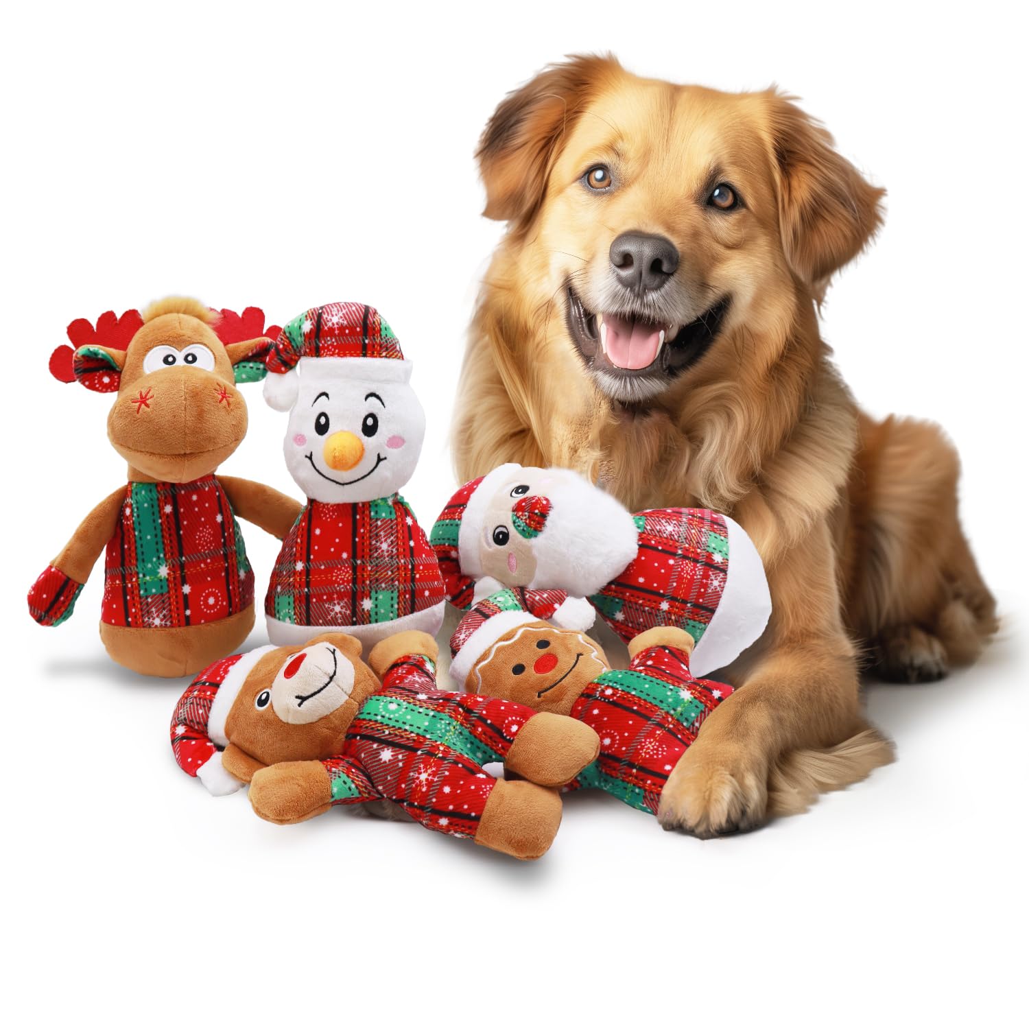 Juguetes navideños para perros – Paquete de 5 juguetes chirriantes para cachorros para perros pequeños y medianos, Papá Noel, reno y muñeco de nieve, regalo ideal para mantener a los perros