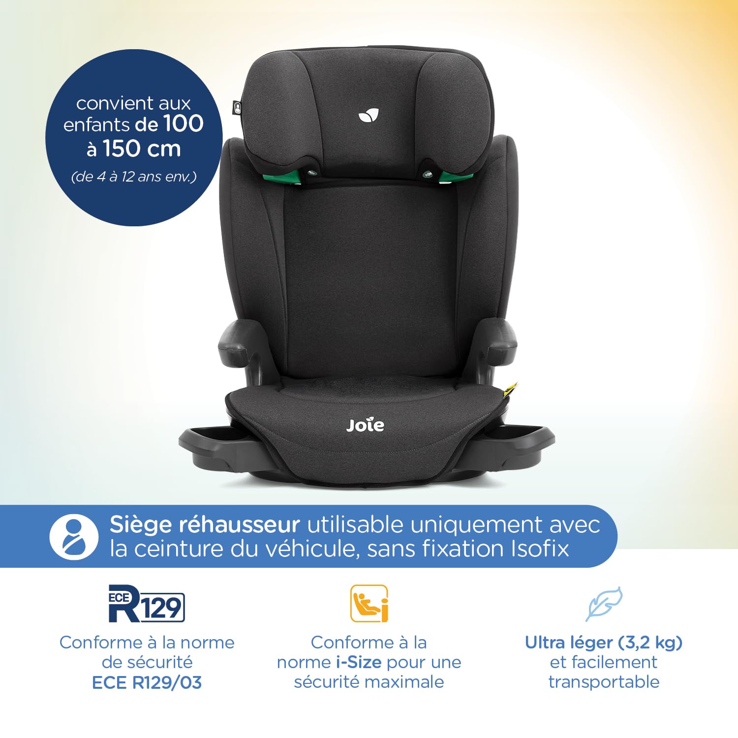 JOIE – I-PROVO – NON ISOFIX - Rehausseur enfant avec dossier i-Size 100-150 cm – Ultra léger 3,2 kg – Têtière réglable – Pratique et confortable – Coloris MERCURY