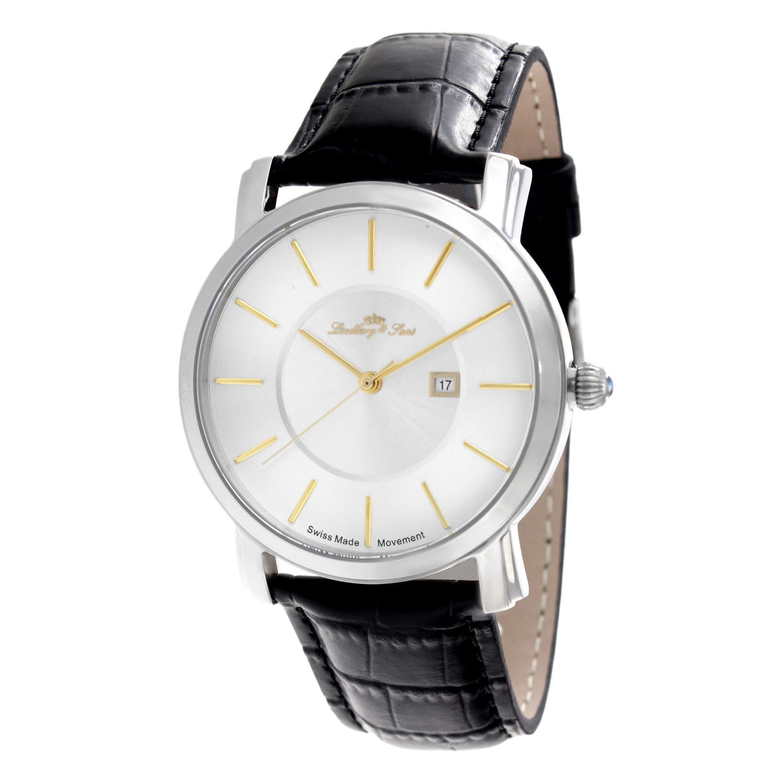 Lindberg & Sons wrist watch for men Quarz movement Suisse made clockwork Analog Black leather bracelet - Date display - LSSM83