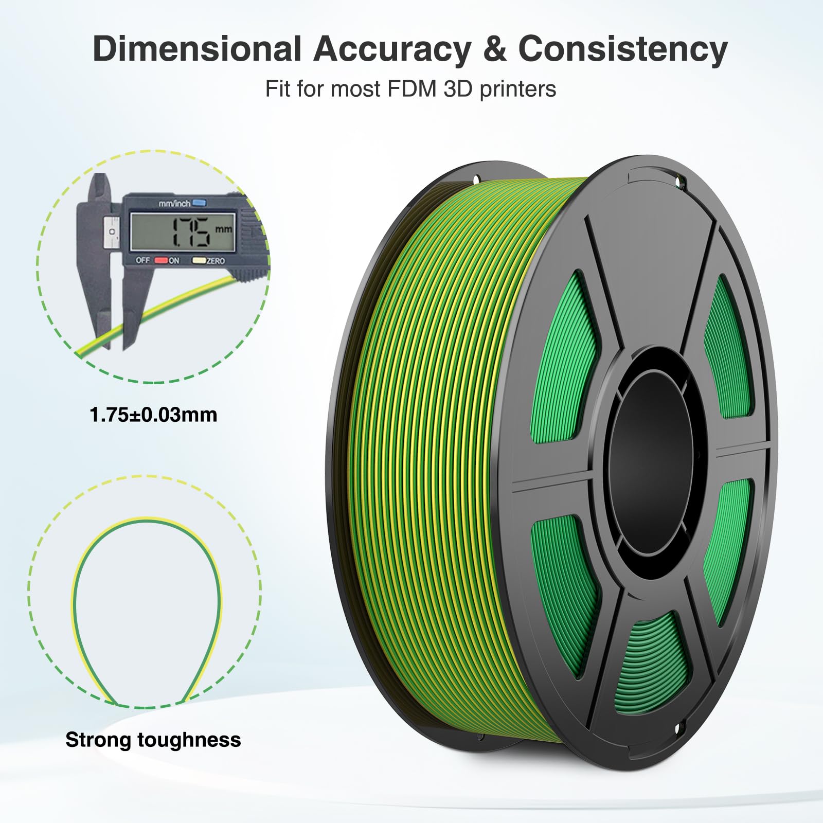 Gelb Grün Doppelfarben Silk Pla Filament 1.75mm, +/- 0.03mm 3D Drucker Filament 1kg(2.2lbs), Härter und Stärker 3D Druckmaterialien für 3D-Drucker