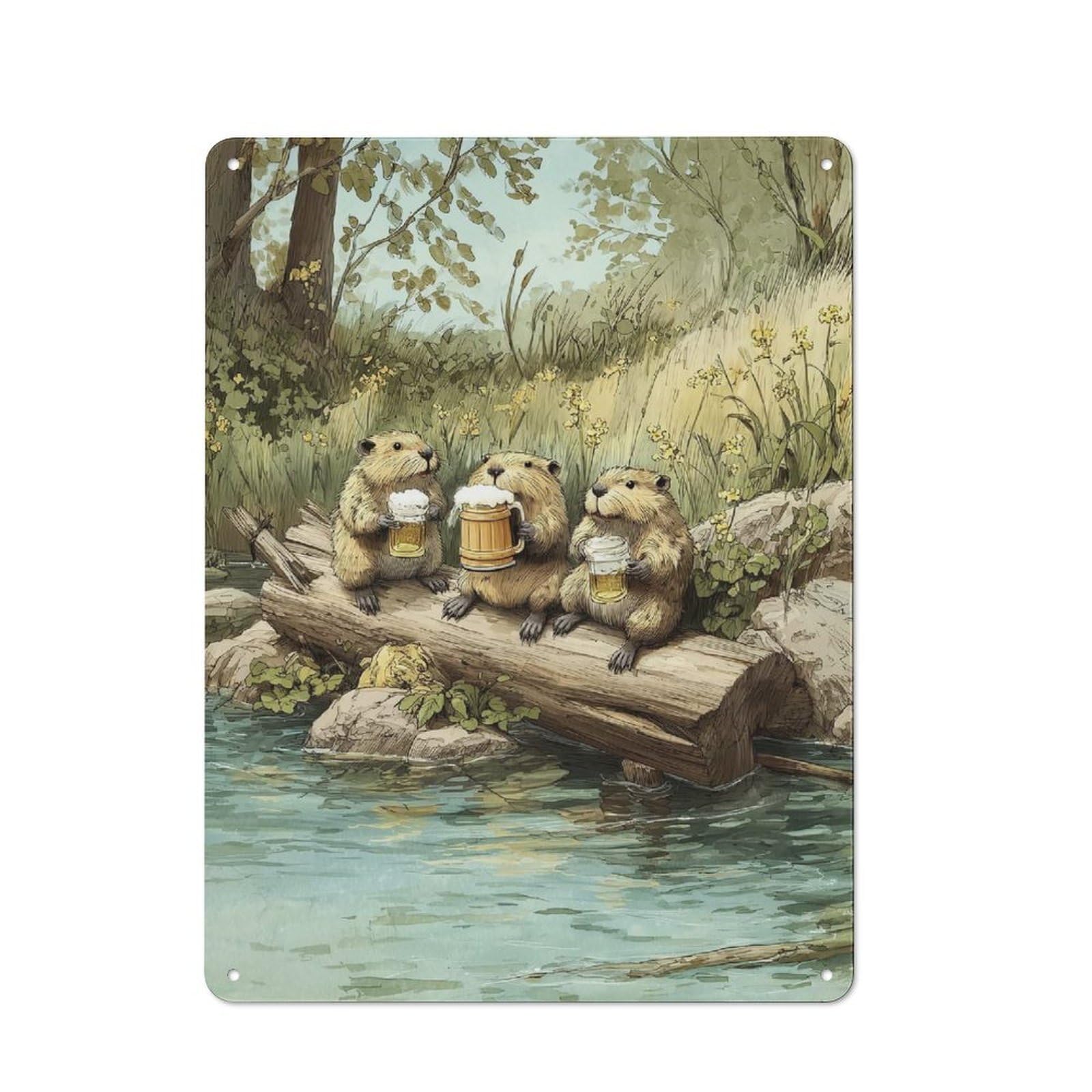 Junmoney Style-10 Beavers Drinking Beer On A Log Vintage Metal Plaque 40X30cm For Hobby Room Or Studio, Suited To Hobby Room Decor Fans