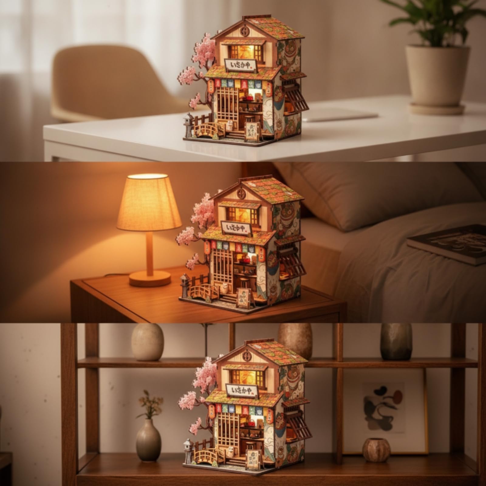 Miniatura Edificio Blocchi Costruzione Kit Modello Casa Vetrina Decorazione Tavolo Luce Calda Legno con Tetto a Strati Finestra E Porta a Insegna