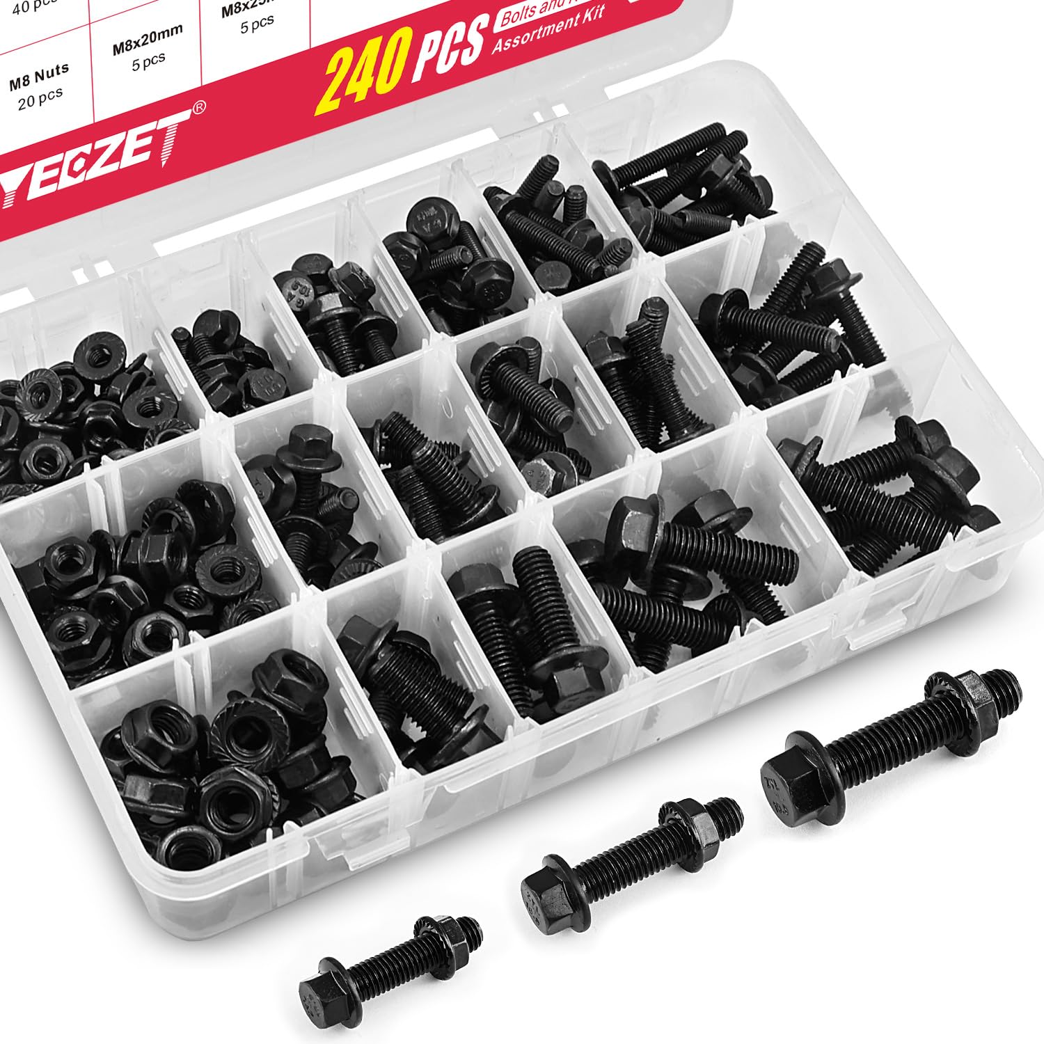 YEEZET 240PCS M5 M6 M8 Flanged Bolts and Nuts Kit Alloy Steel Grade 10.9 Metric Flanged Hex Screws Nuts Includes 14 Most Common Sizes