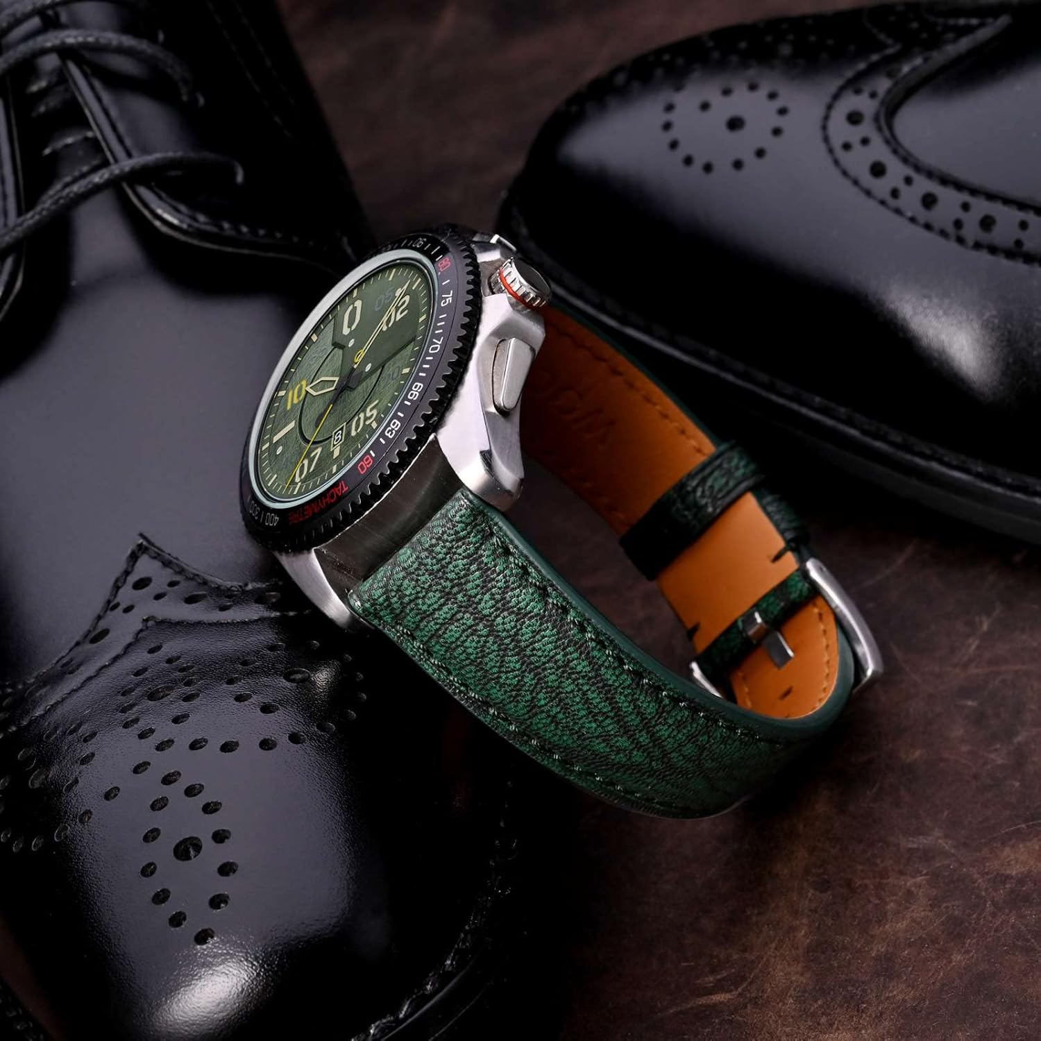 WOCCI 22mm Chevre Watch Band for Men, French Goat Leather Strap, Silver Brushed Buckle (Imperial Green)