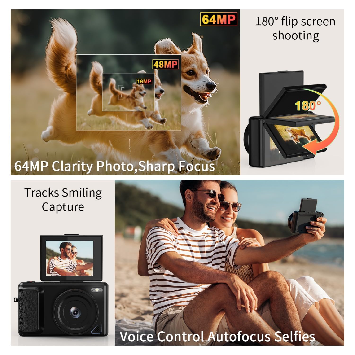 ARNSSIEN Appareil Photo Numérique 4K Compact 2,8" Écran Pivotant 180° Vlog | Zoom 16X, batterie 1500mAh, Camera Vlog, Carte TF incluse, idéale pour voyage, débutants, adolescents et photo quotidienne,Y1