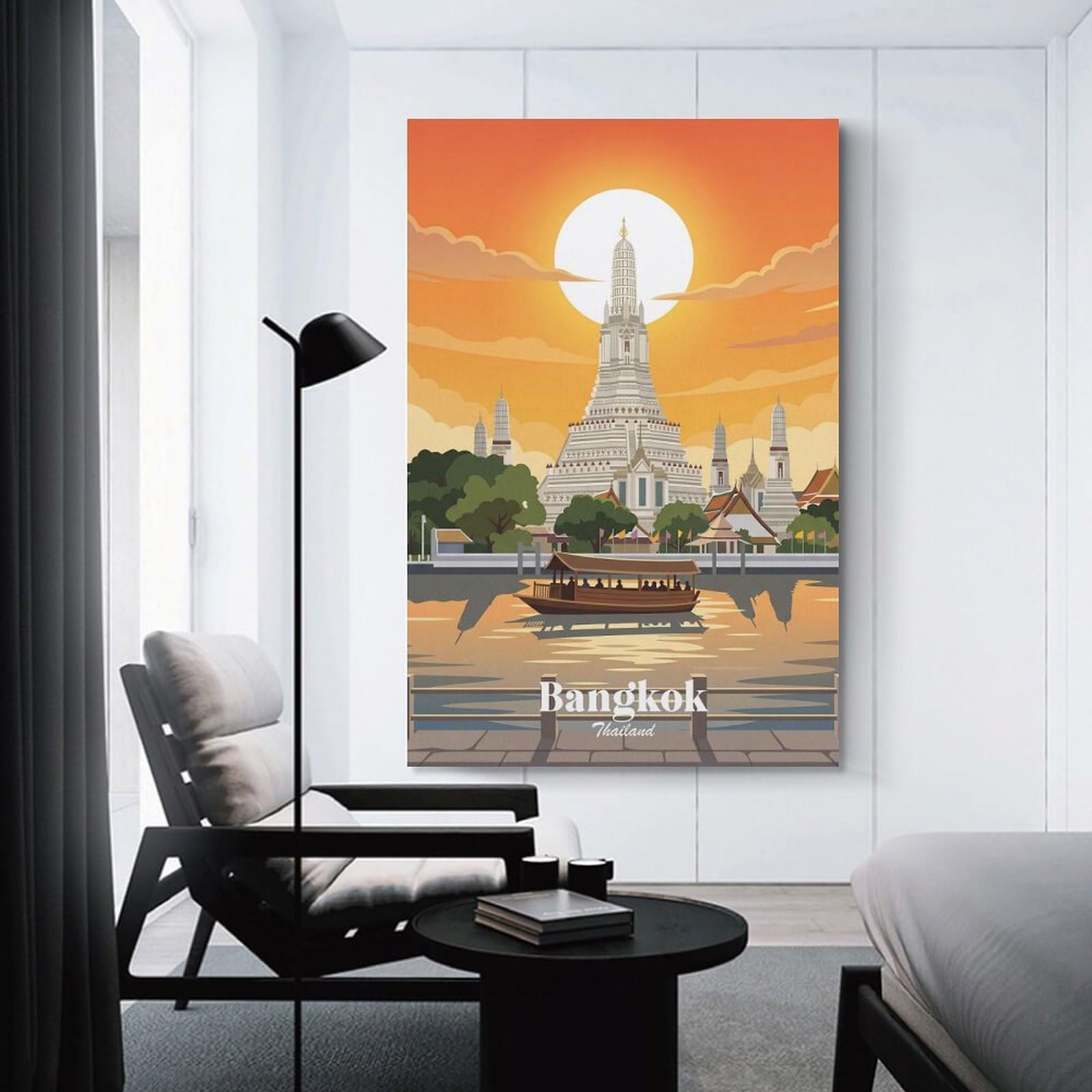 Junmoney Hanging Wall Art Bangkok Thailand Wat Arun Sunset, 20x30inch(50x75cm), for Work Areas, Reading Rooms Or Studios, Wall Art That Adds Style to Work Areas