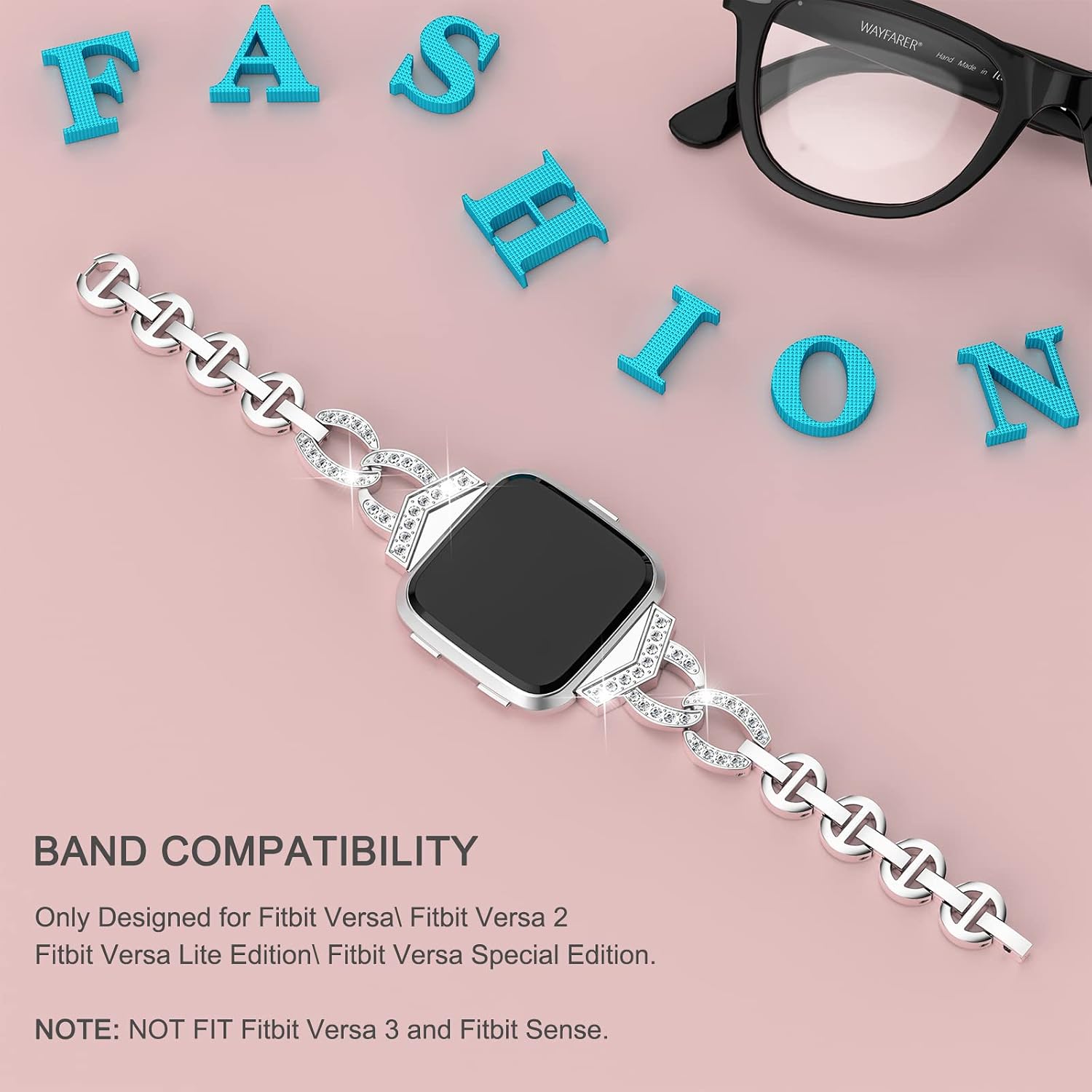 TOYOUTHS Bling Strap Compatible with Fitbit Versa/Versa 2/Versa Lite Special Edition Bands Women Stainless Steel Metal Replacement Bracelet with Diamonds Wristband Accessories Silver