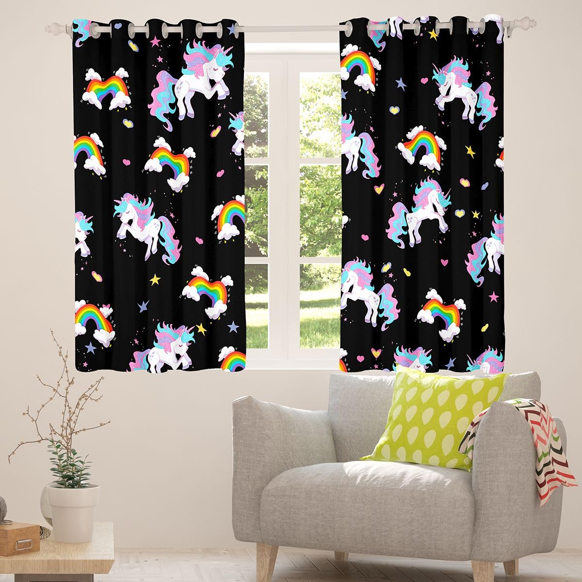 Homewish Jednorożce zasłony okienne, 117 x 137 cm, 2 zestawy paneli – galaktyka gwiazdy, fantazyjne zasłony zaciemniające wzór w gwiazdki, chmura, zasłony okienne, kawaii, dzika przyroda, zwierzę do