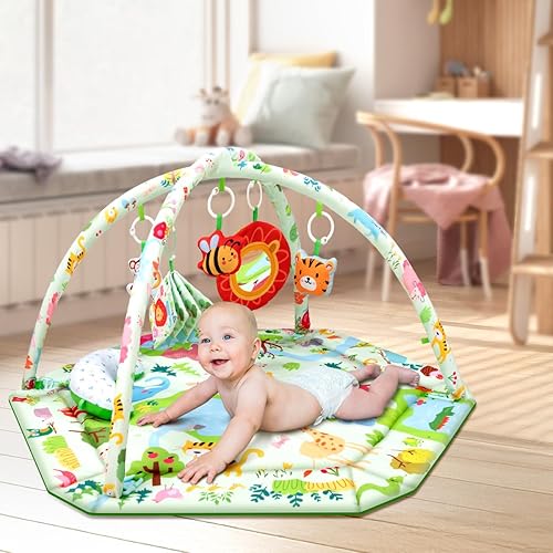 Miniatura 7 de Tapete de juego para bebé, tapete para el tiempo boca abajo con 6 juguetes desmontables, gimnasio de actividades para desarrollo visual, auditivo y