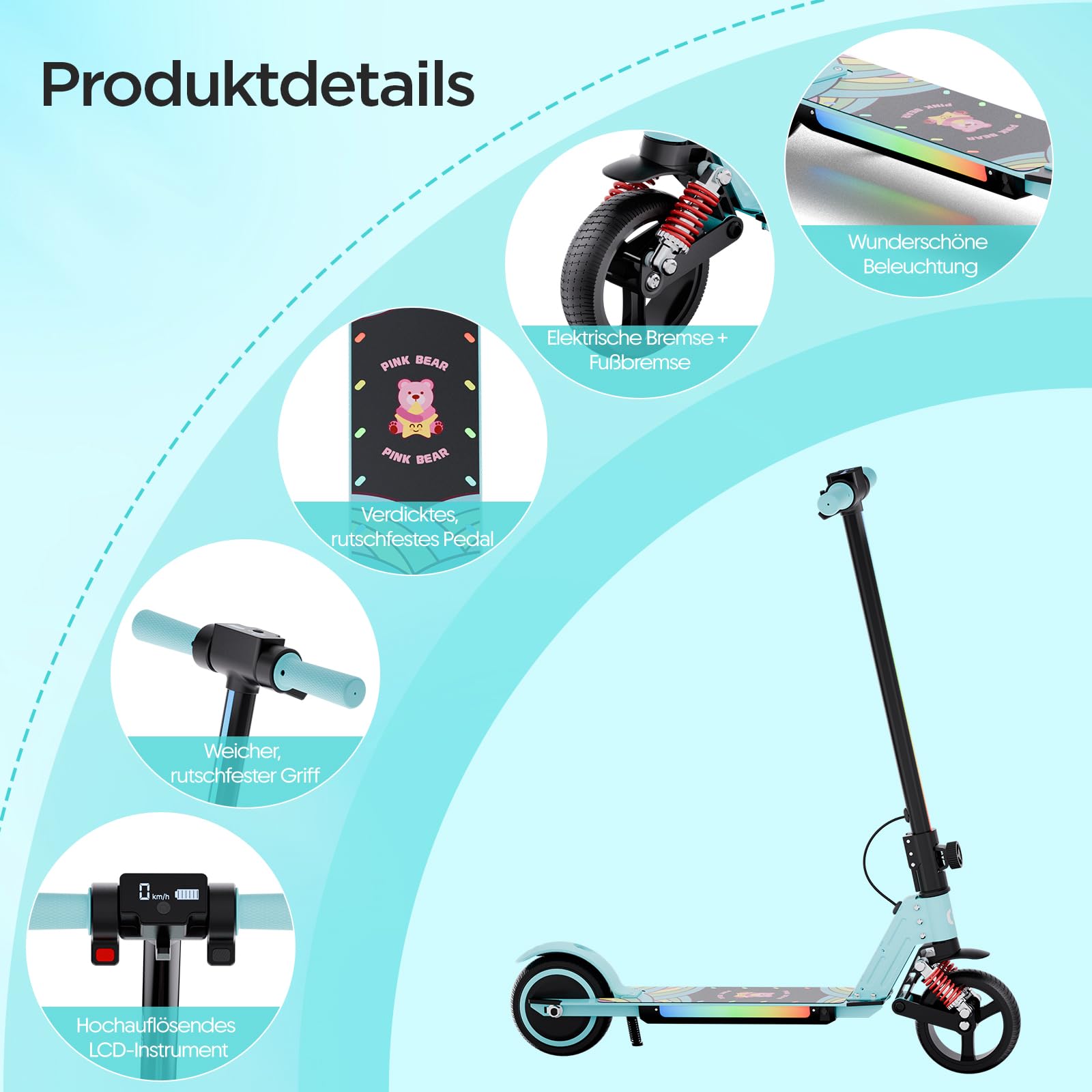 S5 Patín Eléctrico para Niños, Scooter Eléctrico Plegable con Luz LED, Llantas Todo Terreno de 6,5", Velocidad Máx. 14 km/h, para 6-14 Años, Azul Cielo