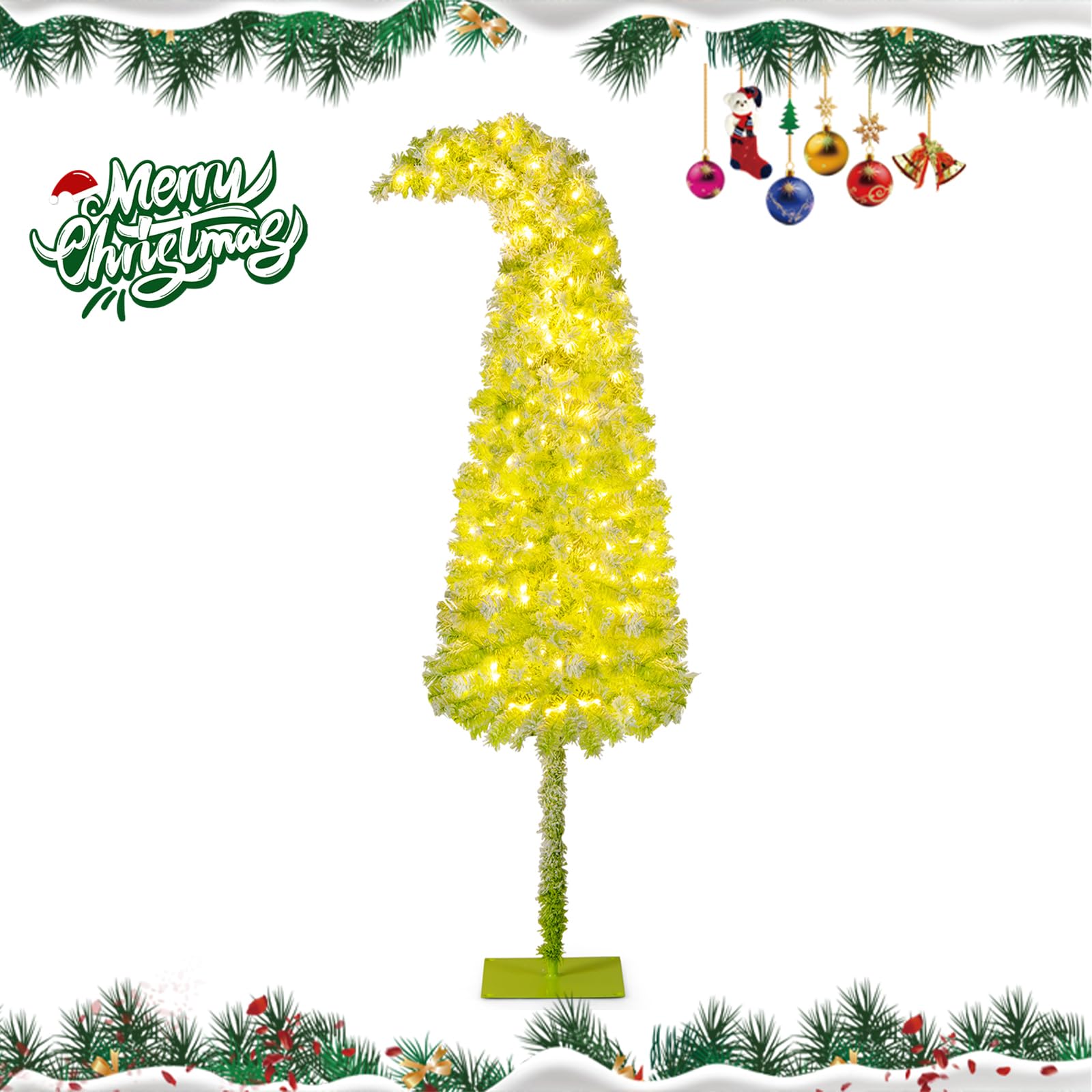 RELAX4LIFE Árbol de Navidad 150/180/210 cm Flexible con 80/120/160 Luces LED Blancas Cálidas, 8 Modos de Iluminación, 216/290/366 Ramas y Base Metálica, Árbol de Navidad Nevado, Verde Lima (150 cm)