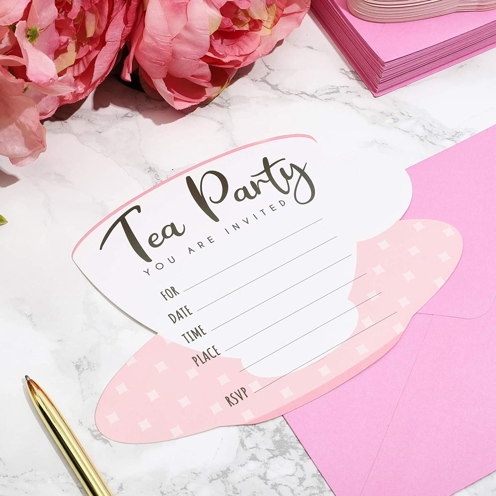 Sparkle and Bash Tea Party Invitation Cards with Envelopes, Pink and White High Tea Themed, (5 x 7 in), Pack of 36 - Party Invitations