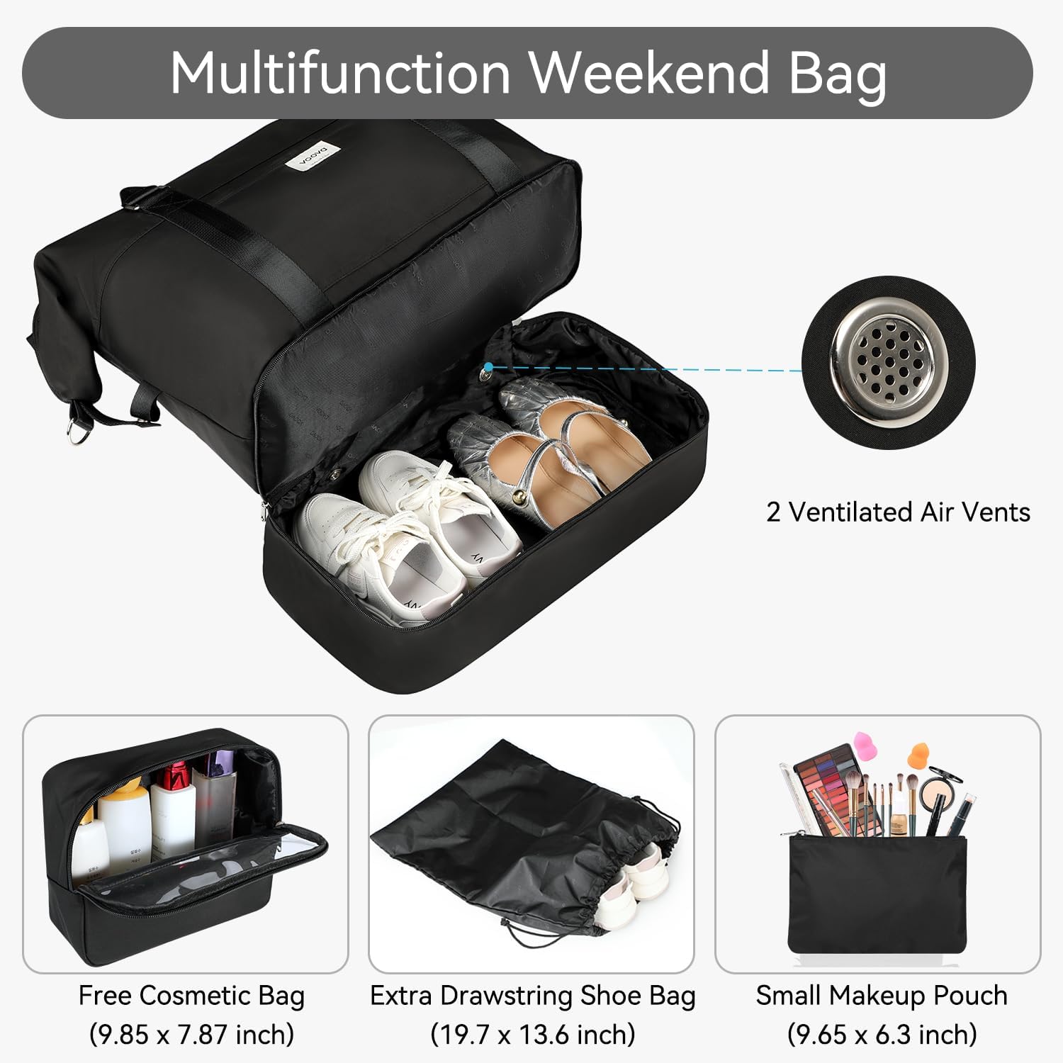 Voova Weekender Bags for Women, Large Travel Duffle Bag for Personal Item Travel with Shoes Compartment, Carry On Overnight Bag with Toiletry Bags 4 Pack Set for Men, Gym, Hospital, Yoga (Black)