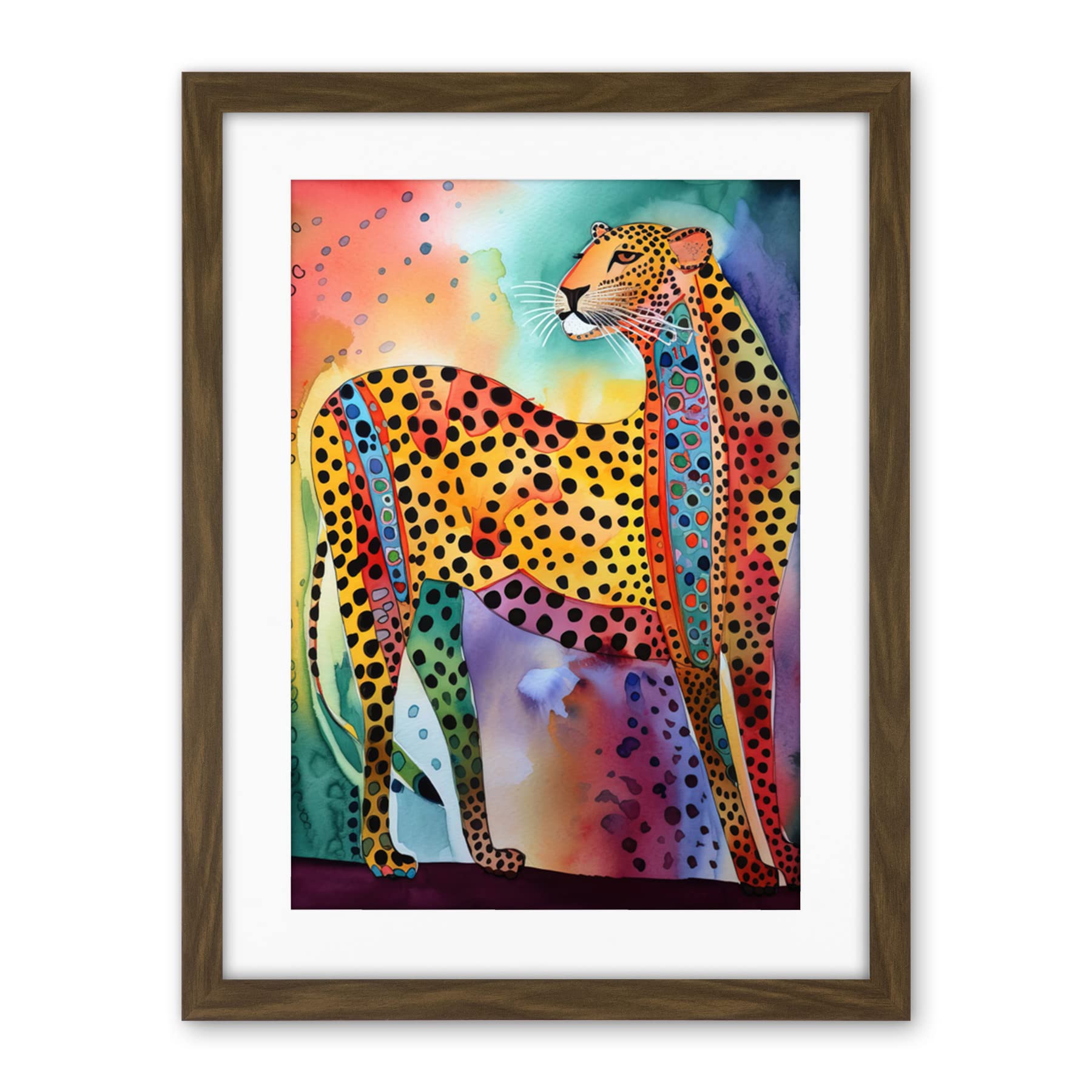Artery8 Colourful Cheetah Folk Art Watercolour Painting Artwork Framed Wall Art Print 18X24 Inch