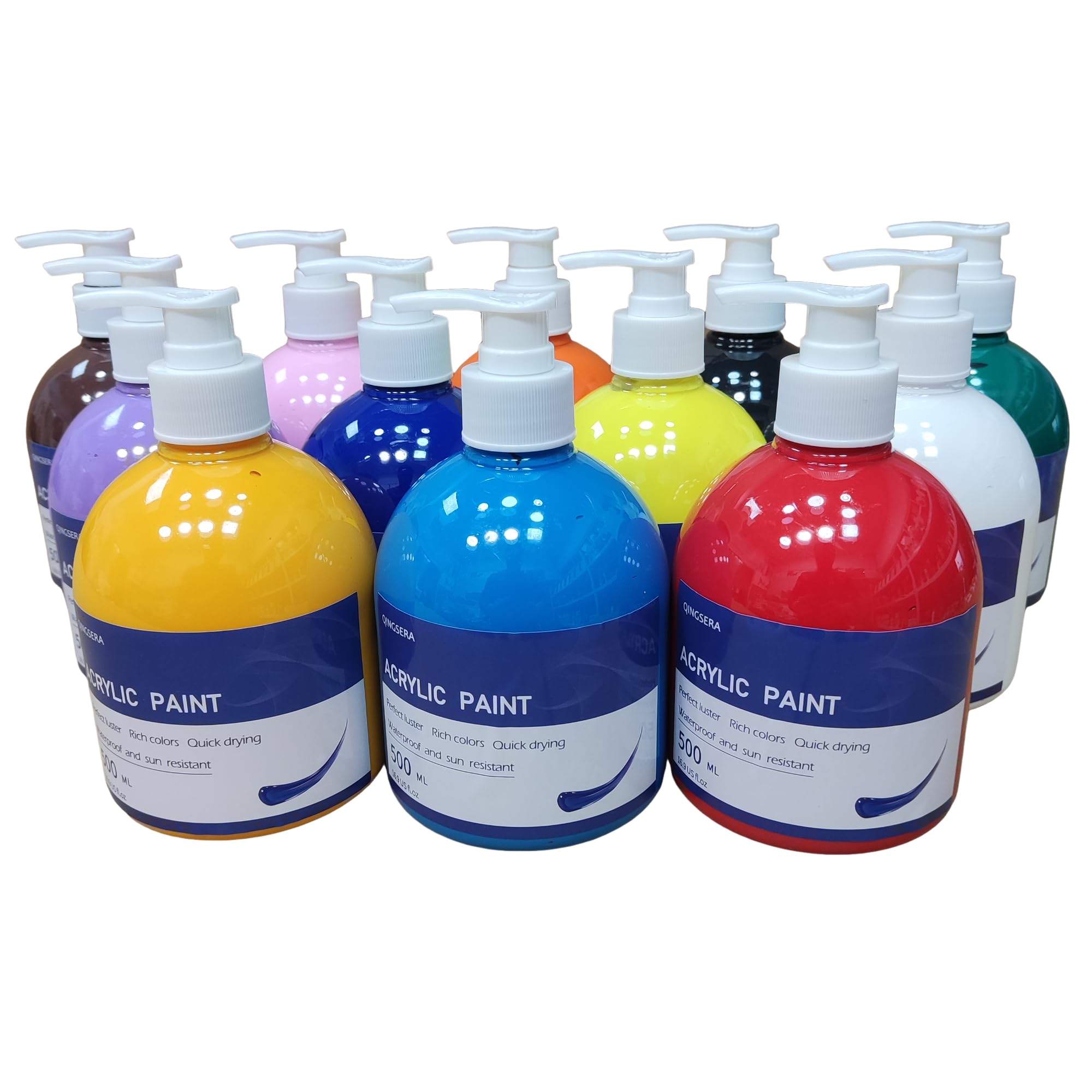 Juego de pintura acrílica de 12 colores (500 ml), botellas exprimibles con bomba, pigmento rico, sobre rocas, lienzo, manualidades, madera, cerámica, tela, artistas, para principiantes y