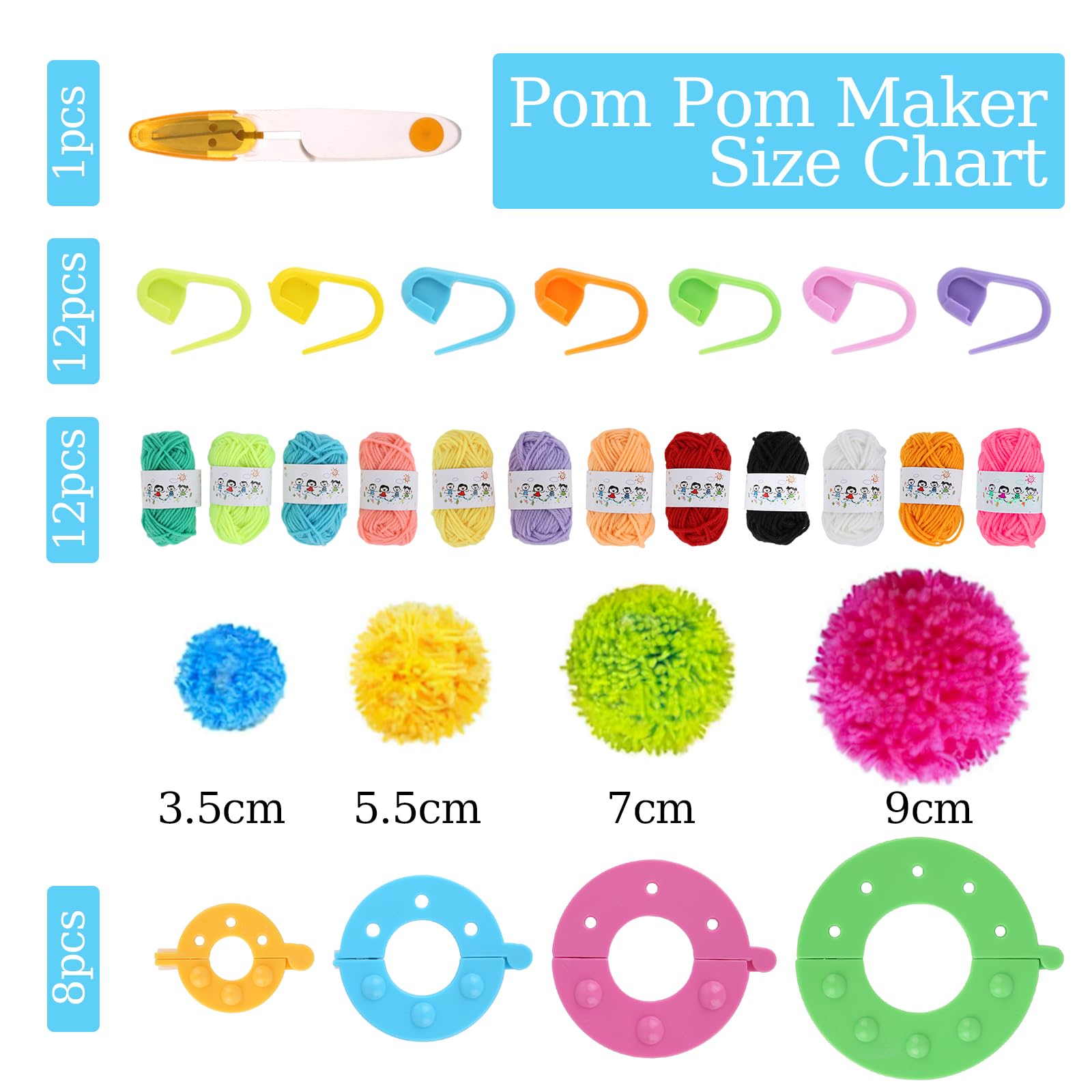 Kit Per Realizzare Pompon - 32 Pezzi Con Forbici Per Lana E Filati | 4 Misure E Colorati Per DIY E Craft - Foto 2