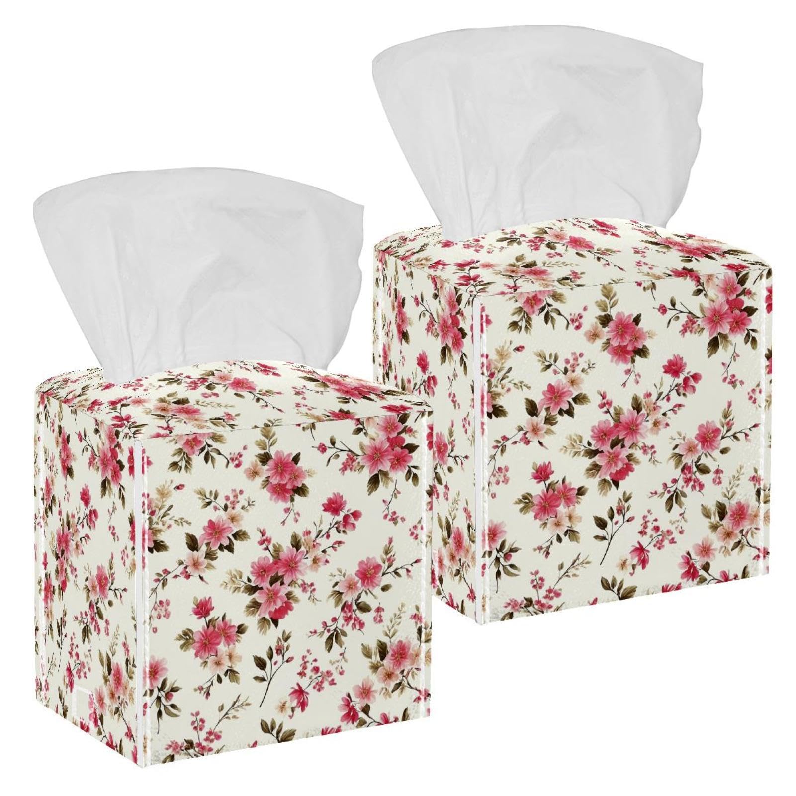 Aesthetic Butterfly Tissue Box Cover, 2 Pack PU Leather Square Facial Tissue Dispenser Box holder for Home Office Car