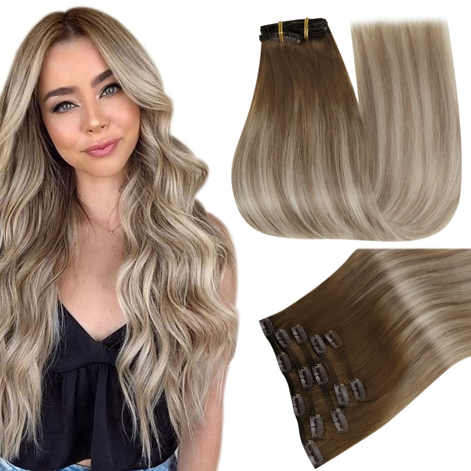Easyouth16" Ombre Clip In Hair Extensions 120g 7Pcs/Set Color #4 Medium Brown Fading To #27 Honey Blonde 100% Real Human Hair Extensions Full Head Ombre Color Clip In Extensions Double Wefted