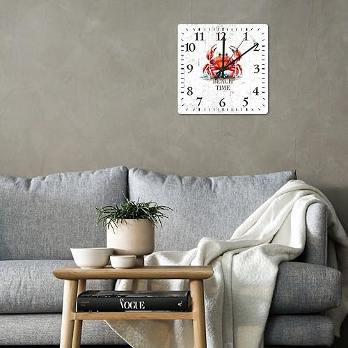 Miniatura 4 de COCOKEN Beach Time Crab - Reloj de pared cuadrado con temática oceánica, reloj de pared grande, funciona con pilas, 15 pulgadas, sin tictac,