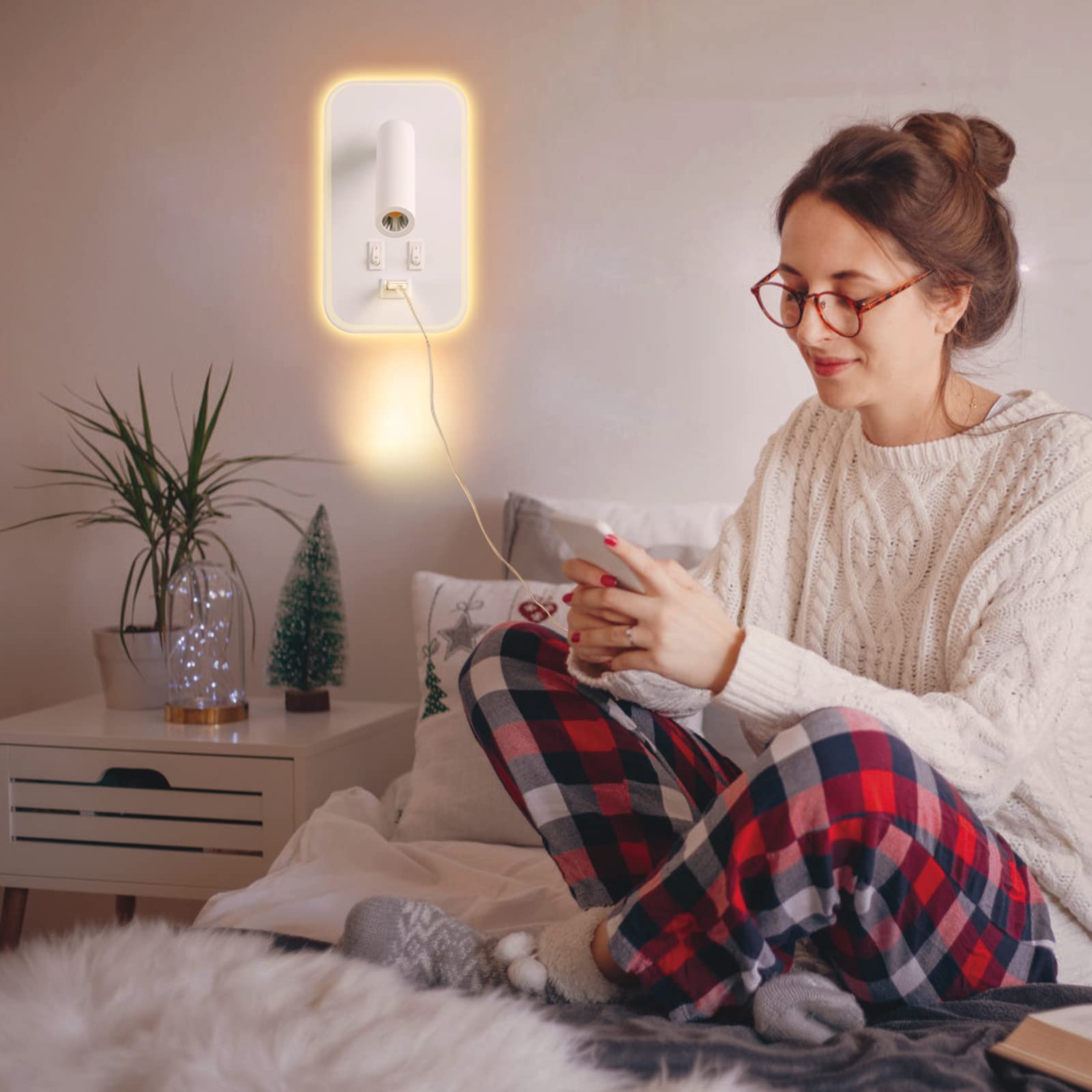Weigudoc 2pcs Lámpara de Pared LED, Luz de Lectura Junto a la Cama, Aplique de Pared Cabecera Ajustable, con Puerto de Carga USB e Interruptor, Luces de Pared de Pasillo (Blanco)