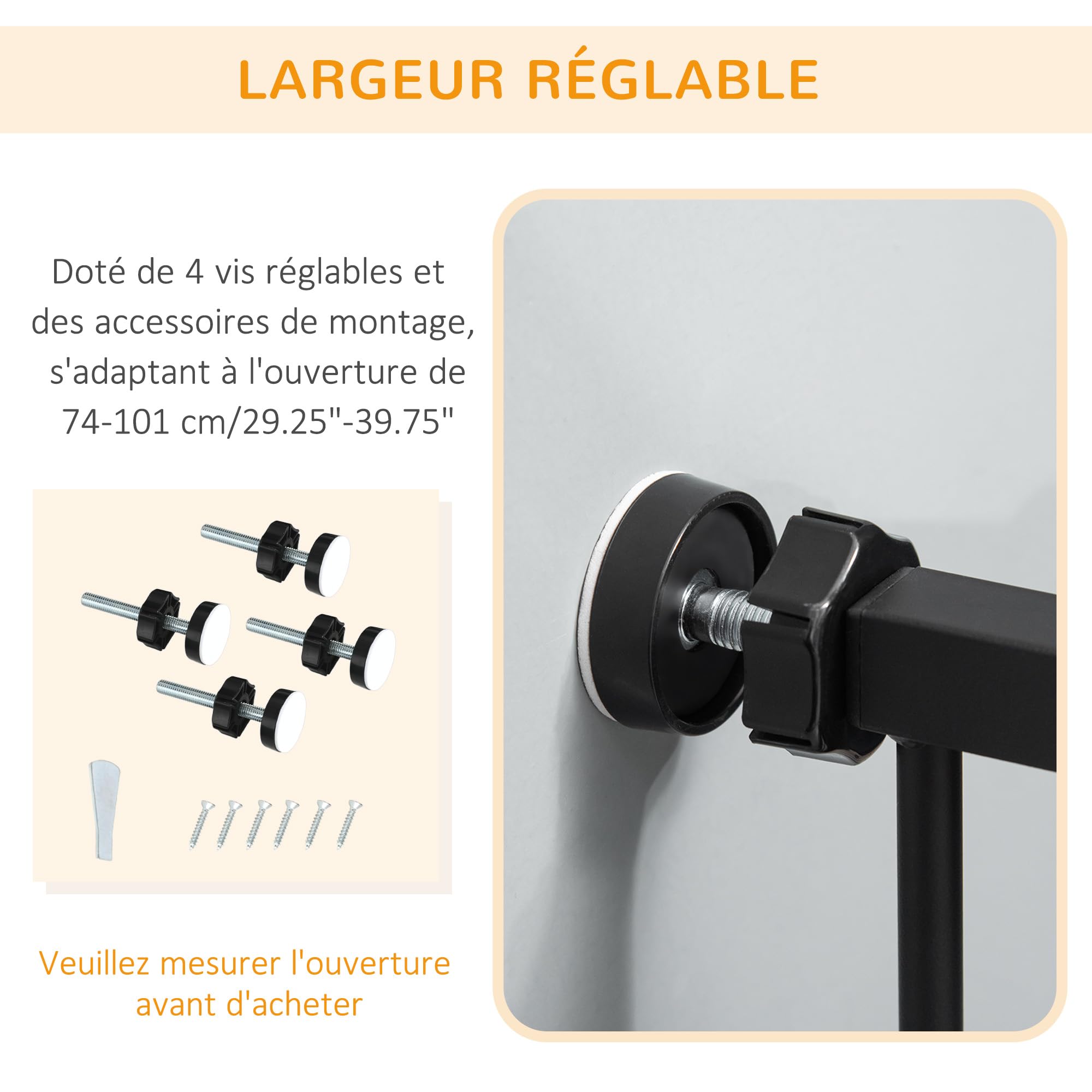 PawHut Barrière de sécurité Animaux de 104H cm Conception Haute avec Porte Chat Fermeture Automatique système de Double Verrouillage sans percage de 74 à 101 cm Acier Noir