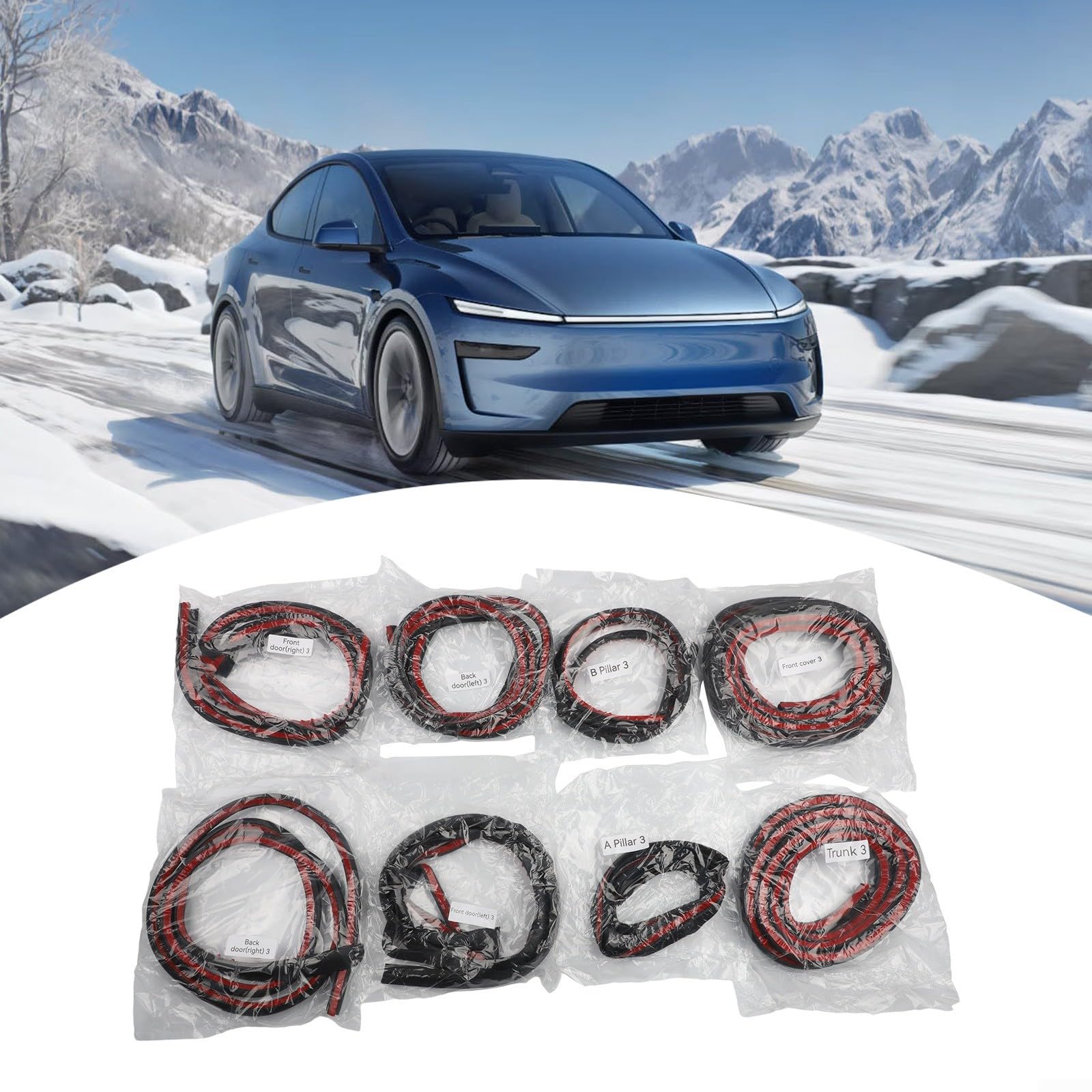 Lot de 8 bandes d'étanchéité en caoutchouc pour Tesla Model 3 2022-2025 - Isolation acoustique - Résistant aux intempéries - Noir - 28 x 25 x 8 cm