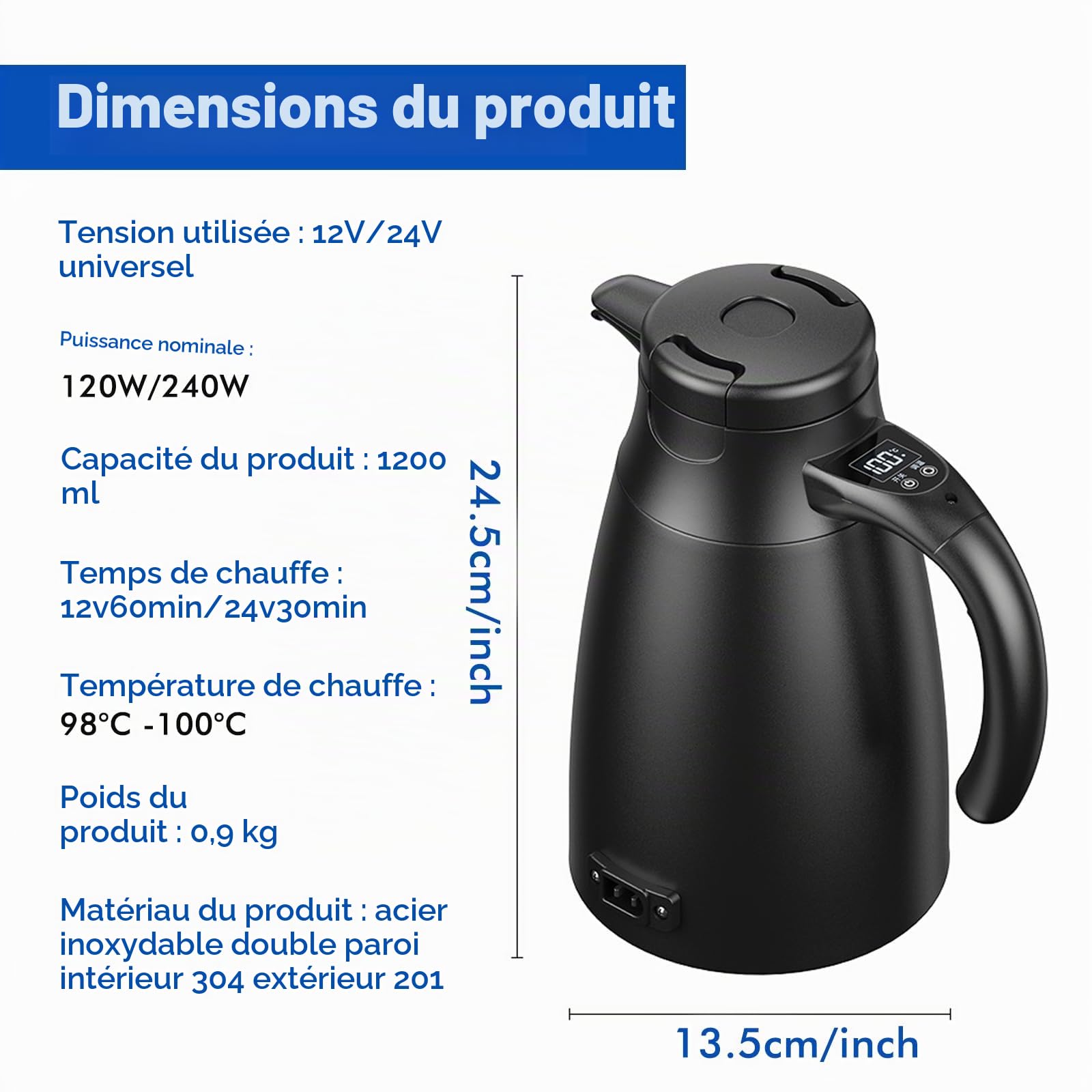 Bouilloire de voyage 12 V/24 V pour voiture, 1,2 litre, en acier inoxydable, avec adaptateur allume-cigare. Chauffe jusqu'à 100 °C et dispose d'un écran LCD. Idéale pour l'eau chaude, le café