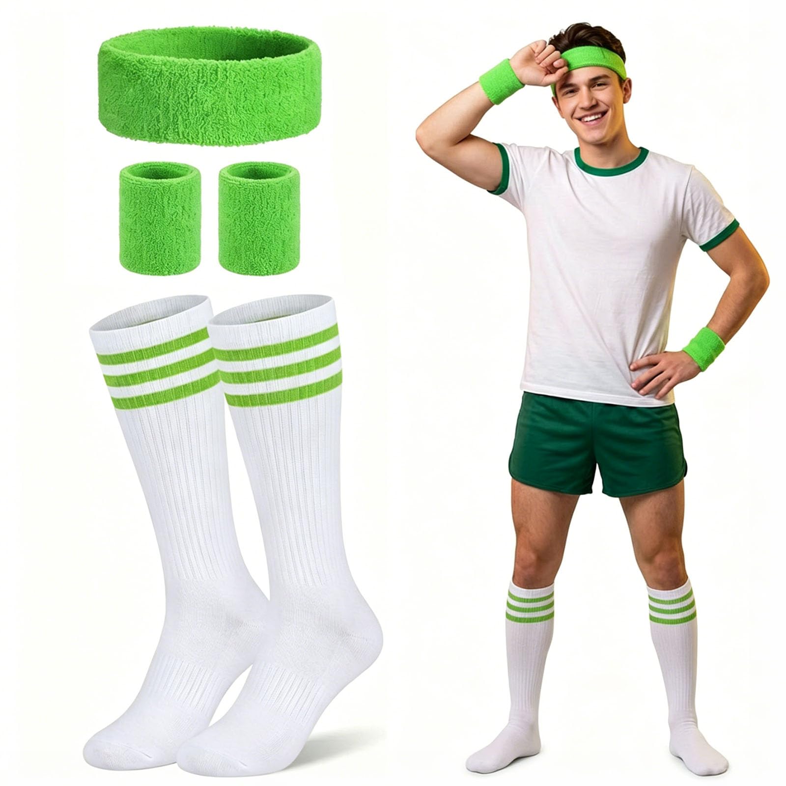 AffeGifts 80s 90s Fancy Dress for Men and Women, Neon Headband Wristbands and Socks Set Neon 80s 90s Themed Party Outfits Retro Workout Costume for Teens & Adults (Green)