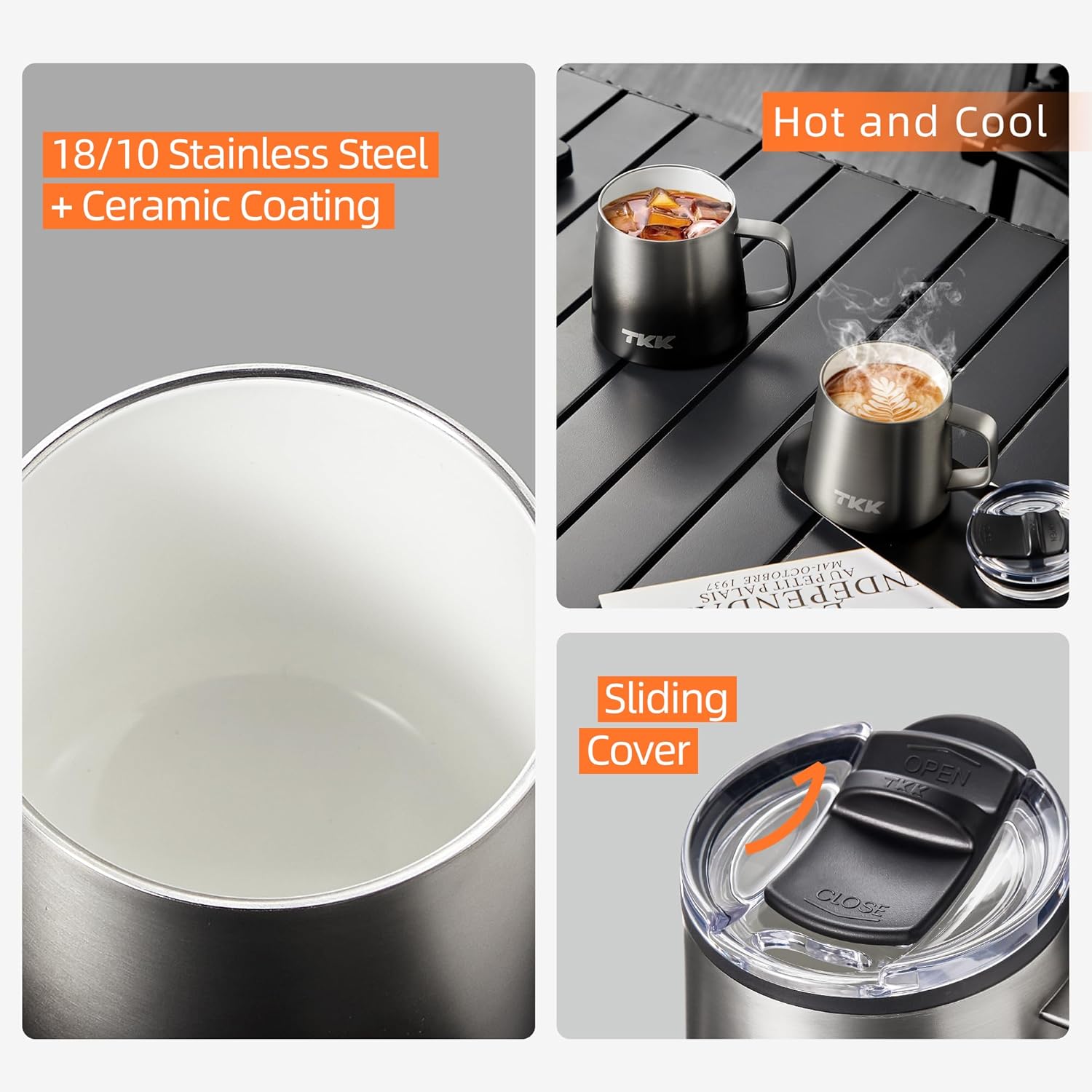 TKK 12 oz Insulated Coffee Mug with Handle Ceramic Coating Detachable Slider Lid Stainless Steel Tumbler Double Wall Vacuum Travel Cup - Image 5