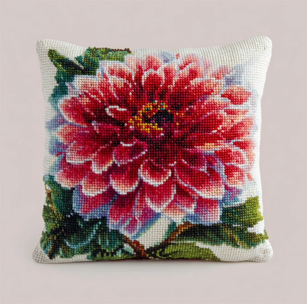 Henypt Cross Stitch Cushion Kit, Dahlia 17.7X17.7In(45X45Cm) Cushion Back Included, Pre Printed Canvas, Stamped Cross Stitch Pillowcase Yarn and Needle Included Embroidery Needle Pillow for Adults