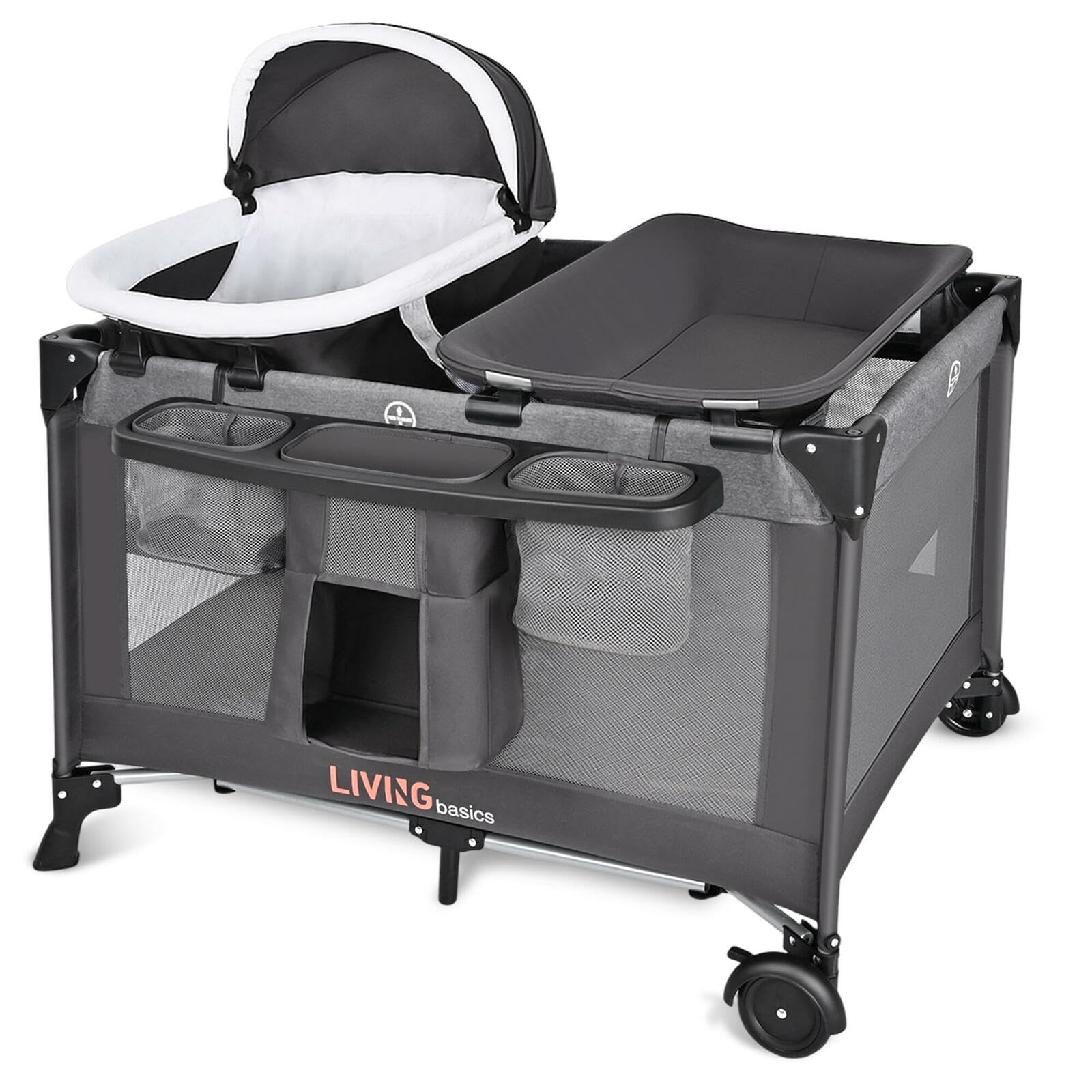 LIVINGbasics 4 in 1 Baby Playard, Foldable Baby Bassinet with Removable Cradle and Changing Table for Home/Travel/Outdoor