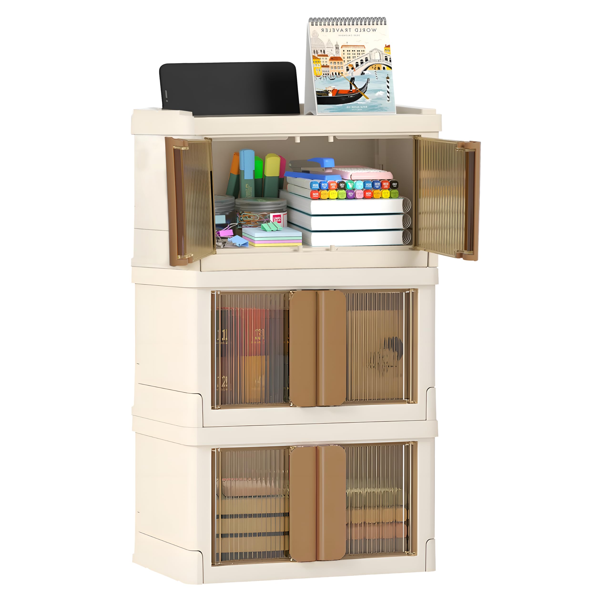 KIMANA Miniature Foldable/Collapsible And Stackable Plastic Double Door Desk Organizer Storage Box/Bins With Lids For Home, Office, Bathroom, Bedroom- Brown 3 pcs