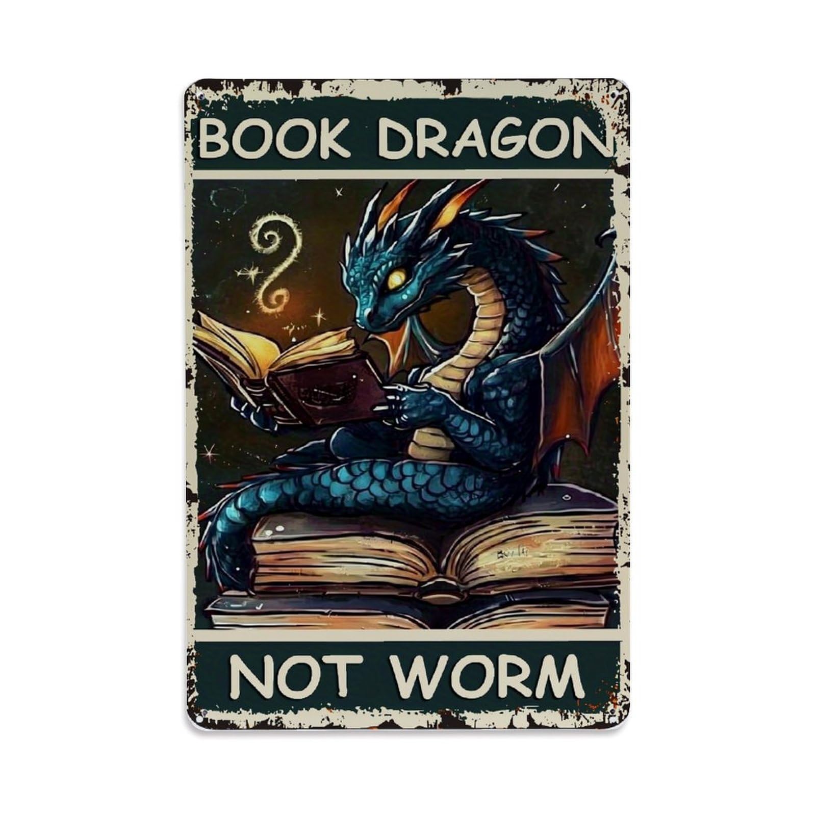 Bliveurn Vintage Book Dragon Not Worm Art Retro Metal Tin Sign, Metal Poster For Home, Gaming Room, Studio Workshop,Bar,Garage Wall Art Decor 8X12 Inch