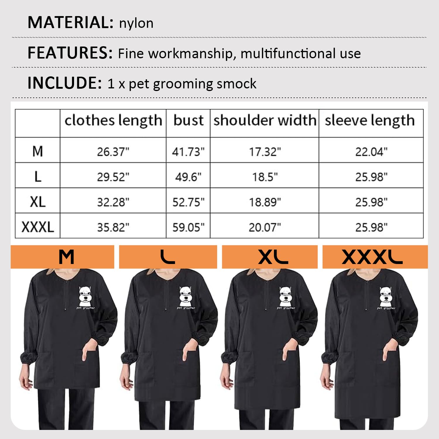Tablier de toilettage imperméable avec fermeture éclair à manches longues pour animal domestique avec deux poches