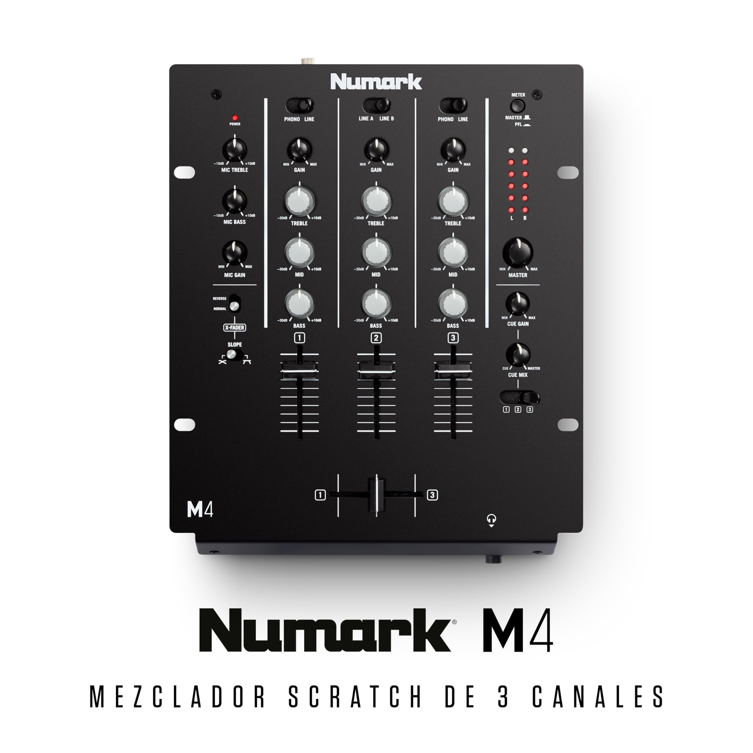 Numark M4 Mesa de Mezclas DJ de 3 Canales para Scratch, Instalable en Rack, con EQ de 3 Bandas, Entrada de Micro y Crossfader Reemplazable con Controles Inversión y Curva