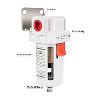 Vista 2 de NANPU Filtro de línea de aire comprimido NPT de 1/2", elemento de latón de 5 micrones, soporte, cuenco de polietileno, 145 psi