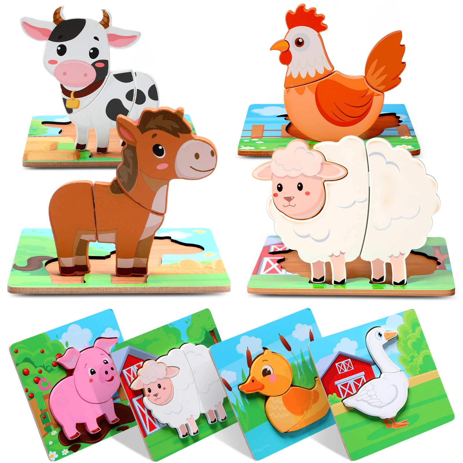 Zomiboo Wooden Puzzles for Toddlers 1-3 Farm Wooden Animal Puzzles for Toddlers 2-4 Boys Girls Kids 8 Pcs Farm Wood Chunky Animals Puzzle Educational Learning Montessori Toy Age 1-3 2-4 Back to School