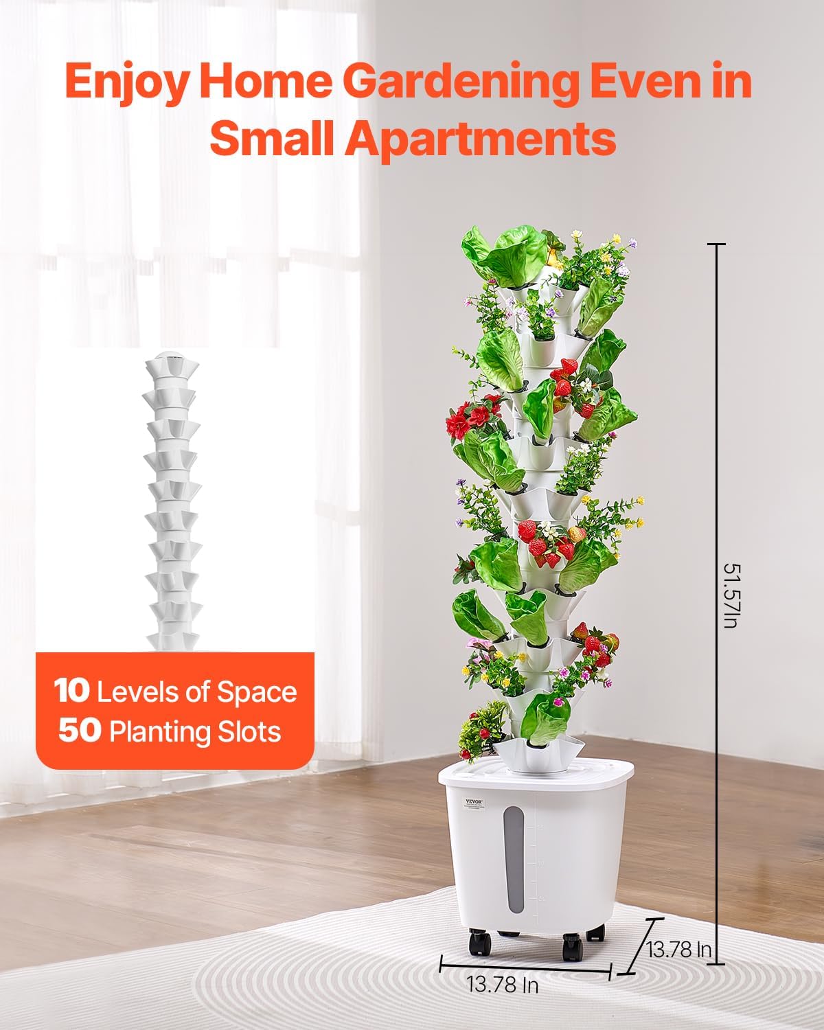 VEVOR Hydroponic Growing System, 50 Pods Vertical 10 Tiers Hydroponic Tower, Rolling Hydronic Garden with Water Pump & Wheels, Indoor Plants Germination Kit for Herbs Fruits & Vegetables 10 Tiers/50 Pods--No Grow Light