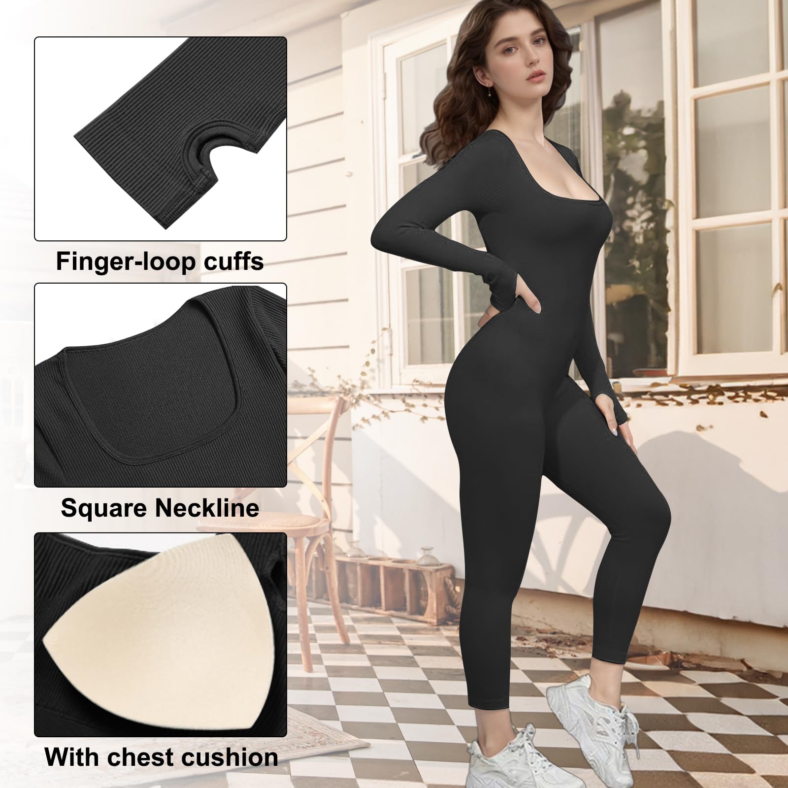 Jetjoy Damen Sport Jumpsuit Lang Yoga Armellos Workout Bodysuit Einteiler Ganzkörperanzug Jumpsuit eng Eckigem Ausschnitt Gerippte Jumpsuits Sportanzug Einteiliger