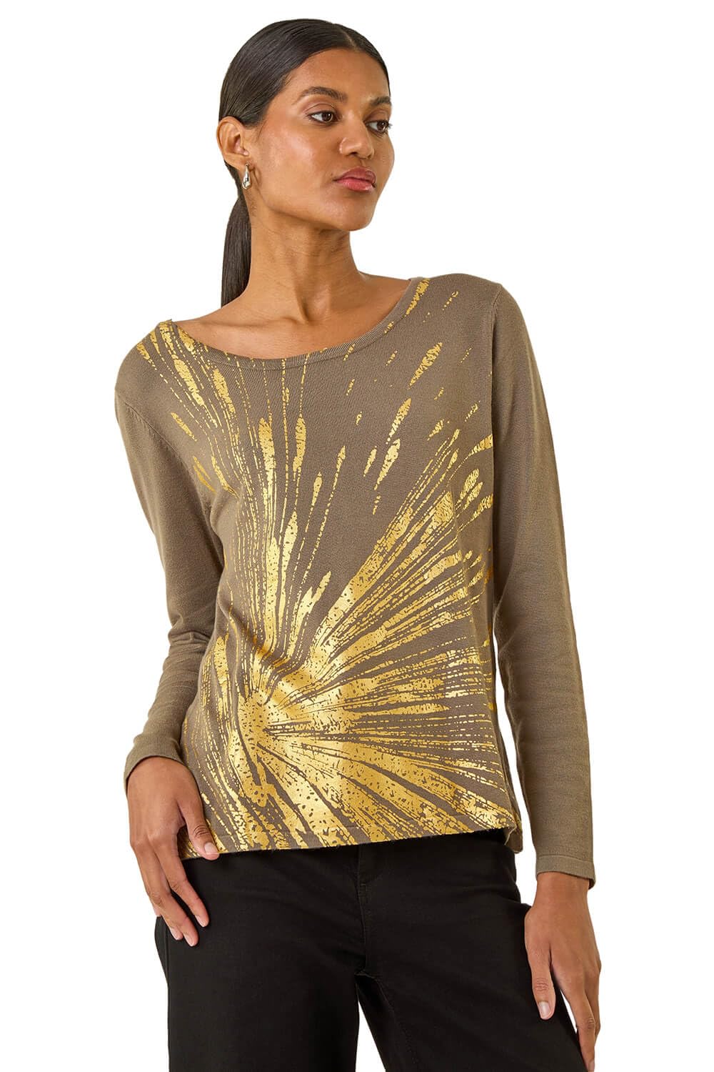 Roman Women's Olive Metallic Foil Print Knit Size 14