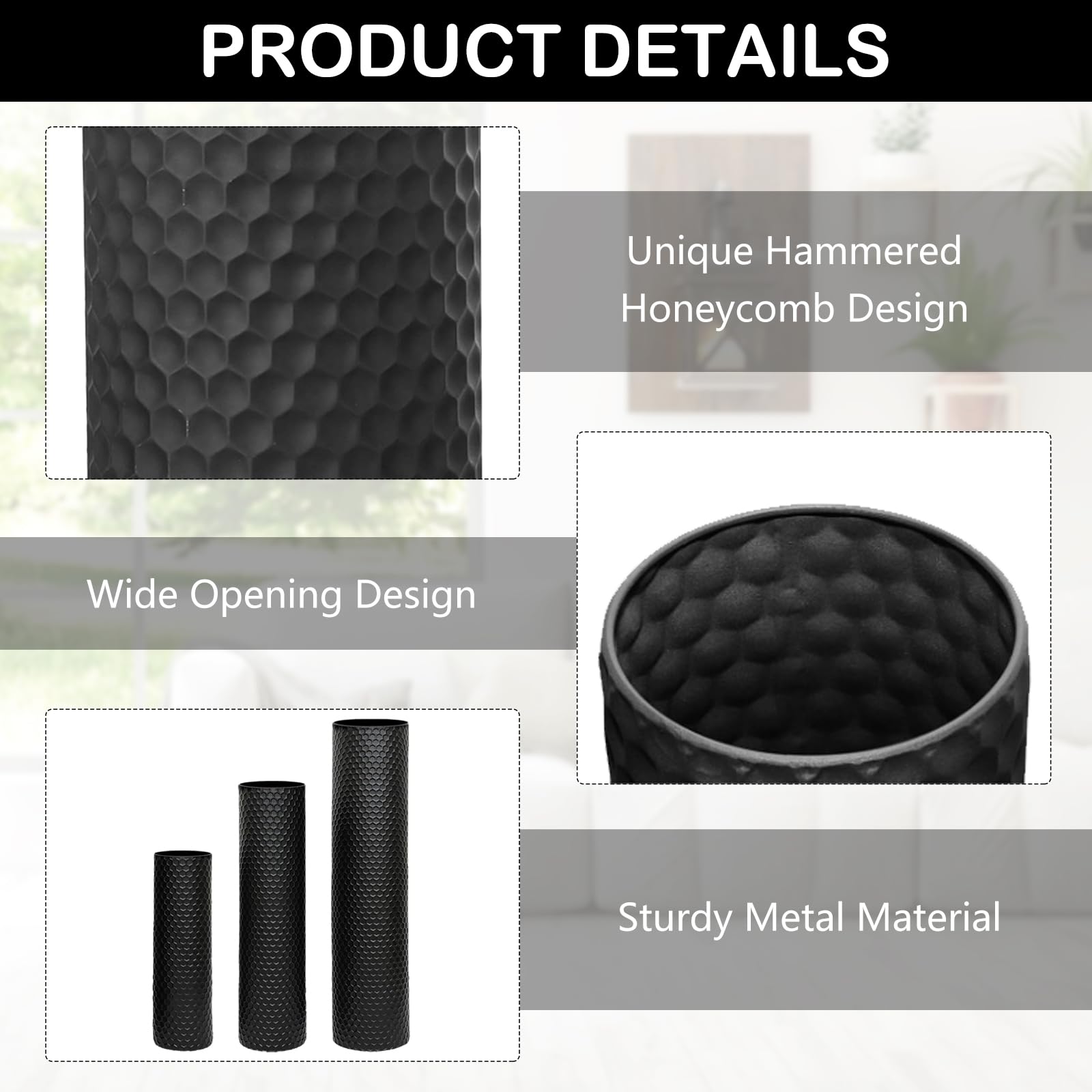Vaso Grande da Terra Nero, 70/55/40 cm Metallo Vasi da Terra Set di 3, Struttura a Nido d'ape Vasi Decorativi Moderni Extra Vaso Alti da Terra per Camino Corridoio Ufficio Soggiorno