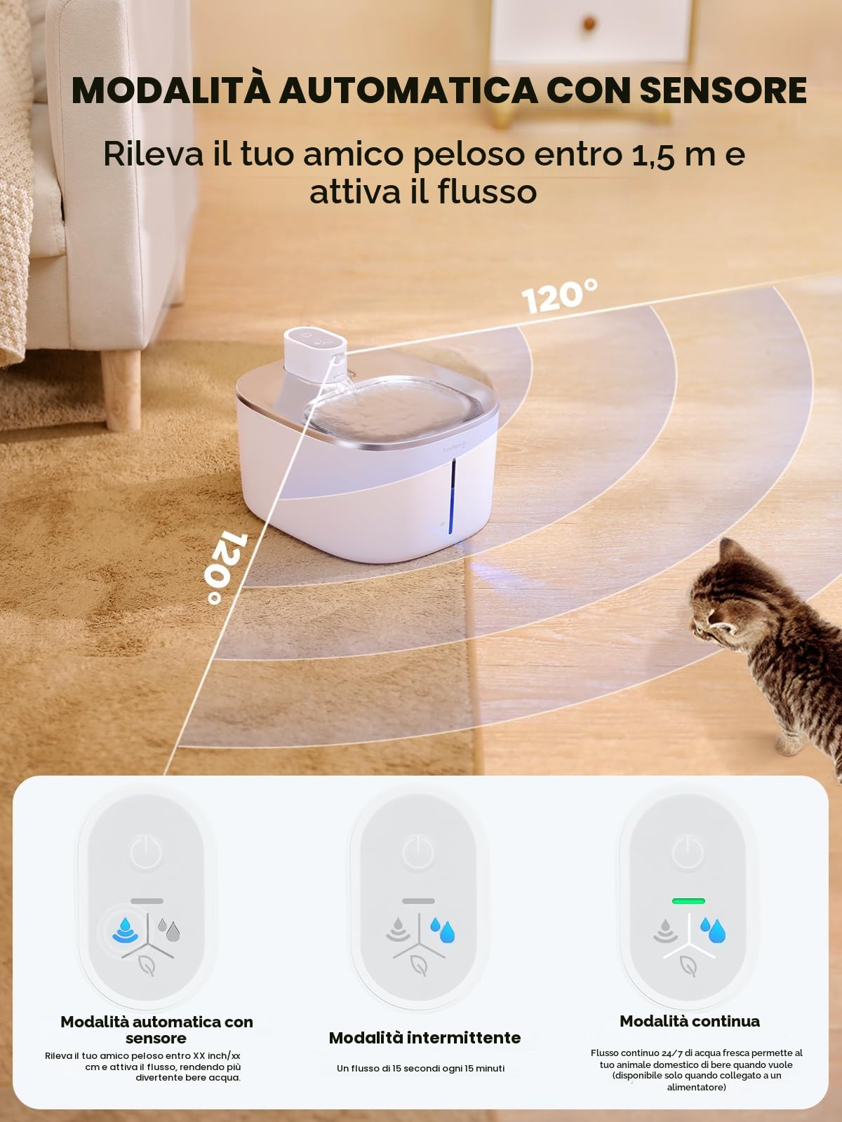Fontanella per Gatti Senza Fili Acciaio A Batteria Con Sensore Di Movimento, FEELNEEDY 4 Litri Fontana d'Acqua Fresca Senza Corrente, Silenziosa, 4000mah, Con 6 Filtri e 12 Spugne