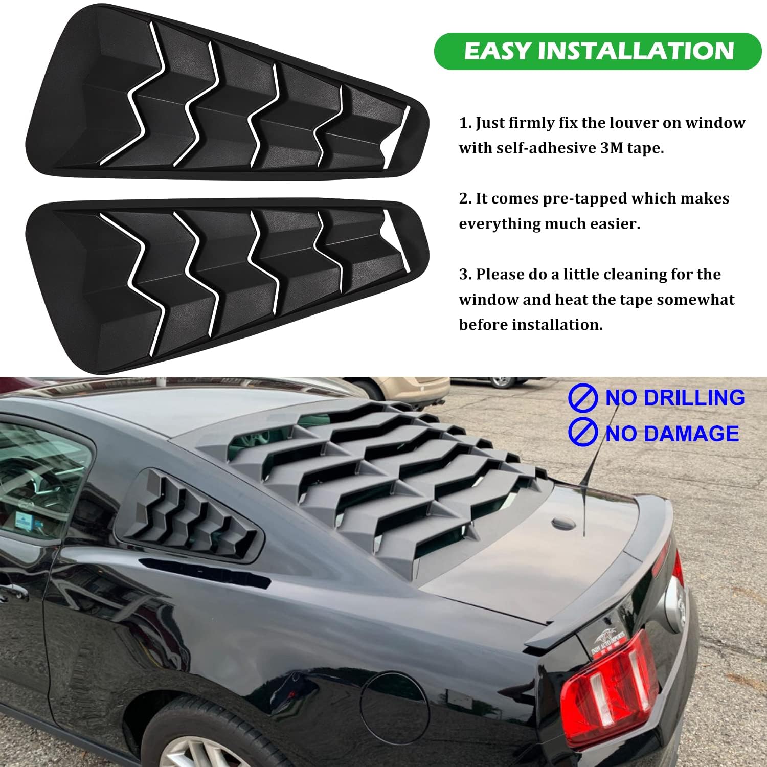 Rear Window Louver For Ford Mustang 1994-2004 - Matte Black ABS Lambo-Style Cover, Easy Install