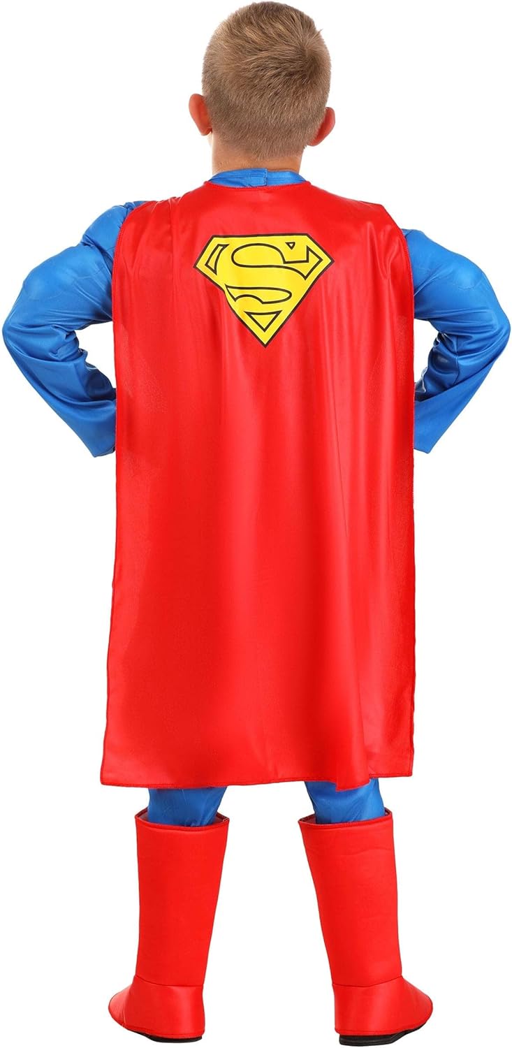 DC Comics Classic Superman Deluxe Kids Costume with Cape, Muscle Padded Jumpsuit w/attached Boot Covers, Briefs & Belt