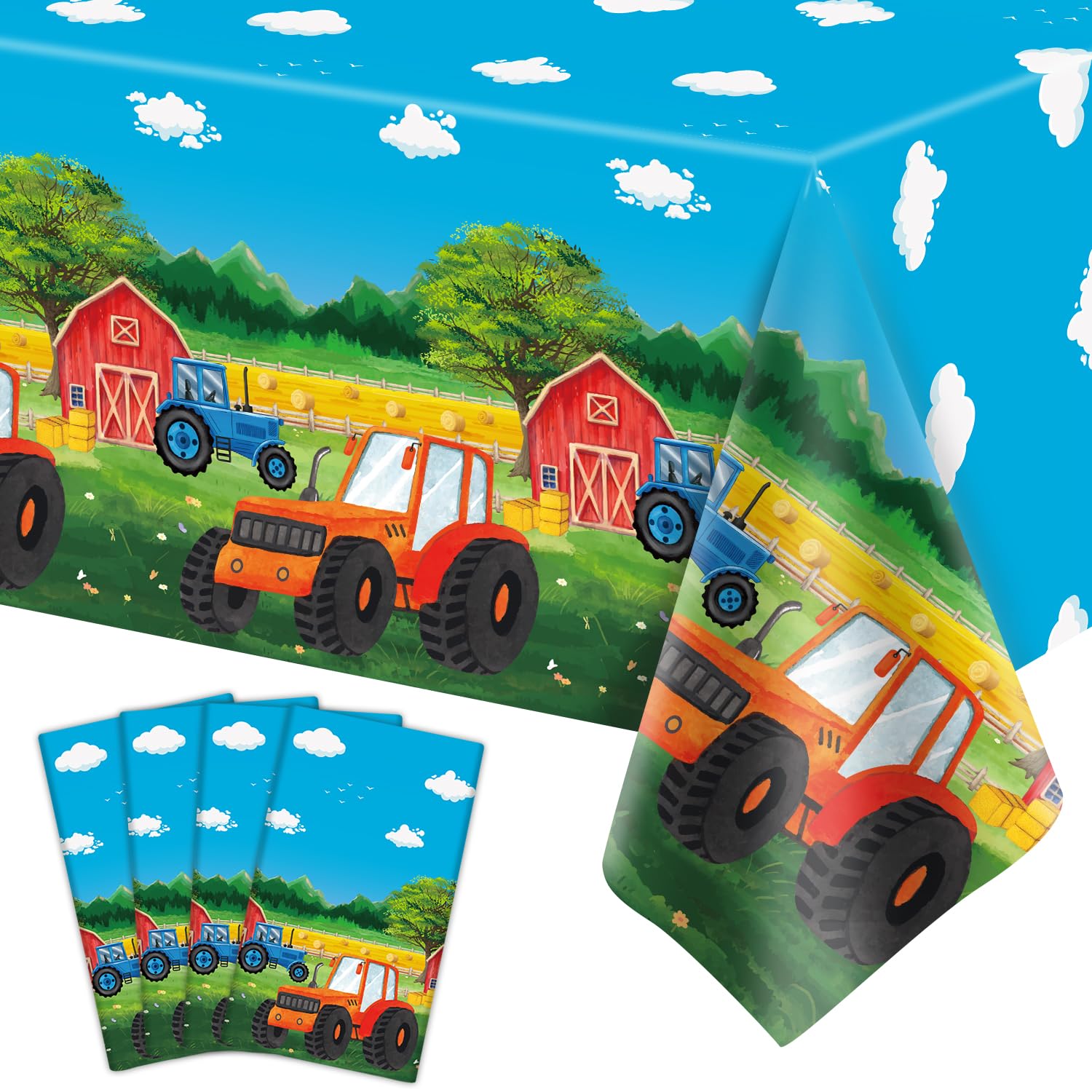 4 Pack Tractor Tablecloth, Tractor Party Tablecloths, Farm Tablecloth, Barnyard Party Plastic Tablecloth, Rectangular Tractor Birthday Party Decorations, Farm Birthday Party Accessories, 86 x 51