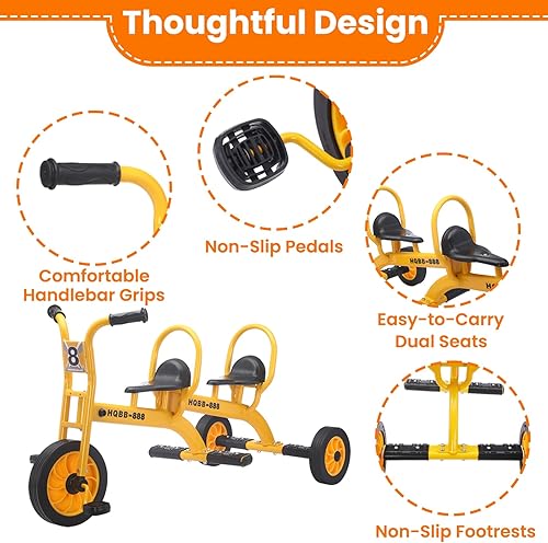 Miniatura 5 de Triciclo para niños de 3 a 8 años, bicicleta de triciclo doble para niños, bicicleta tándem para guardería preescolar al aire libre con neumáticos