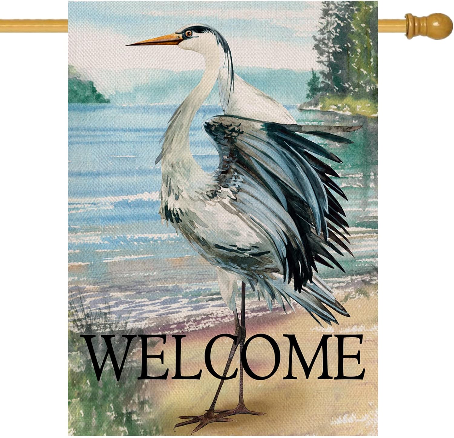 Furiaz Welcome Spring Summer Seabird Coastal Beach Large Decorative House Flag, Blue Heron Yard Bird Sea Lake Ocean Home Outside Decoration, Nautical Tropical Outdoor Decor Double Sided 28x40